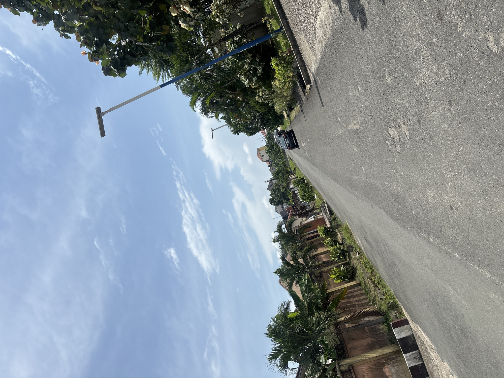 The image depicts a street scene in Port Harcourt, Nigeria. An asphalt road occupies most of the frame, stretching into the distance where a black car is visible. On either side of the road are residences and compounds with lush tropical vegetation, including palm trees and various other trees and shrubs. Fences and walls demarcate the properties. The sky is partly cloudy with a predominantly blue hue. A tall, thin utility pole with a horizontal arm extends into the sky from the left side of the road. The photo appears to have been taken during daylight hours.