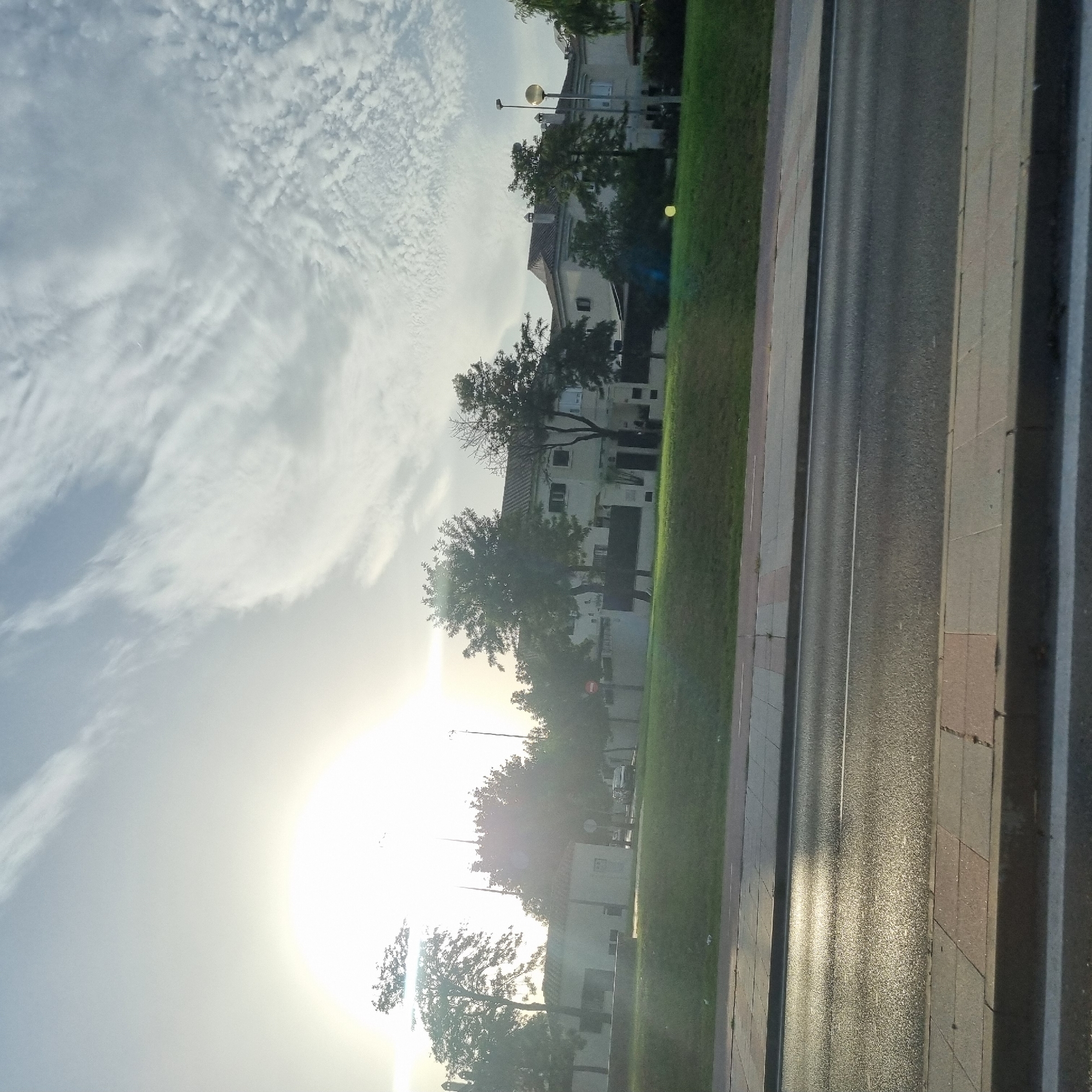 This image depicts a street scene in Jerez, Spain, likely in the late afternoon or early evening given the low angle of the sun. The sun is very bright, creating a lens flare and washing out much of the sky, which is filled with wispy clouds.
The scene is divided into three main areas. On the left, the bright sky dominates. In the middle, a row of buildings with light-colored facades and red-tiled roofs are visible, interspersed with trees that are mostly bare of leaves. A street lamp with a spherical light fixture is also visible. On the right, there is a paved road with a single white line marking a lane, bordered by a sidewalk composed of rectangular paving stones and a strip of green grass. The road appears wet in places, reflecting the sunlight.
There are no people visible in the image. The overall impression is one of quiet urban scenery on a bright, possibly warm day. The orientation of the image is rotated, with the sky appearing on the left and the road on the right.