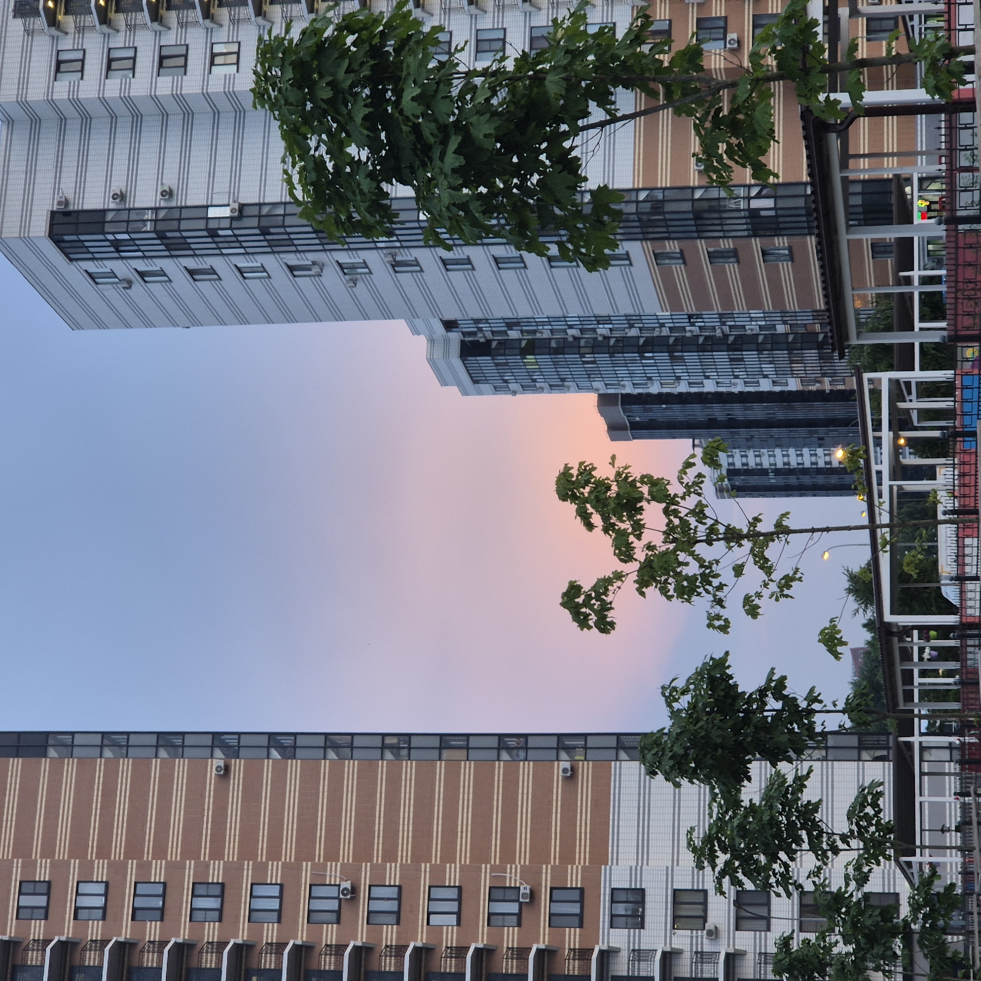 This image depicts a contemporary residential area with several tall apartment buildings. The buildings are modern in design, featuring a mix of brick and glass facades. The sky is a gradient of light blue and pink, suggesting either dawn or dusk. In the foreground, several deciduous trees with lush green foliage are visible. There are also covered outdoor structures with white pillars and dark roofs, possibly gazebos or shelters. Fencing is present in the lower part of the image, separating the foreground from the structures. No people are clearly visible, nor are any actions or interactions taking place. The scene appears to be a quiet, urban environment. Based on the architecture and overall aesthetic, this scene is consistent with modern urban development in a city like Voronezh, Russia.
