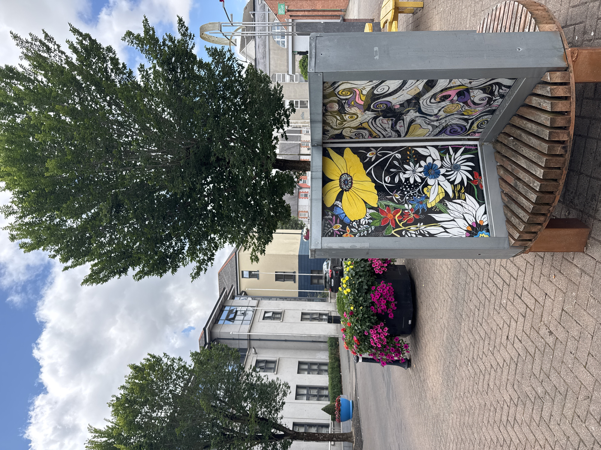 The image shows a public space in Clonmel, Ireland, featuring a modern art installation with a wooden bench and colorful artwork on display. The artwork is a vibrant depiction of flowers and abstract designs, likely intended to enhance the aesthetic appeal of the urban environment. Surrounding the art installation are elements of the urban landscape, including paved walkways, large planters filled with pink and yellow flowers, trees, and modern buildings. The sky above is partly cloudy, indicating a typical day in Ireland. The scene suggests a well-maintained public area, possibly a town square or pedestrian zone, designed for both artistic appreciation and public relaxation.