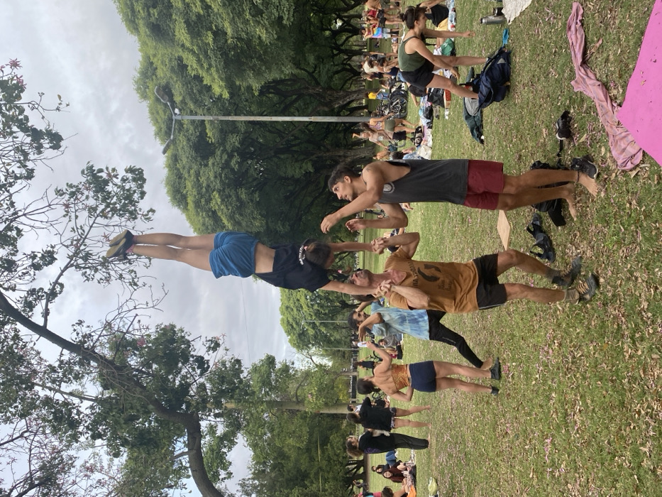 This image depicts a scene in **Bosques de Palermo, Buenos Aires, Argentina**, showcasing a group of individuals engaged in physical and acrobatic activities within a public park. The sky is overcast, providing diffuse lighting over the green grassy field.
In the foreground, three adult males are performing an acrobatic balance. A bearded man, wearing a brown t-shirt and dark shorts with worn boots, stands as the base, supporting another younger male who is inverted in a handstand position on the base's hands. The inverted individual wears a black t-shirt, blue shorts, and light-colored shoes, with his legs extended vertically upwards. A third male, barefoot and wearing a dark grey tank top and red shorts, stands to the right of the base, looking up and extending his hands, acting as a spotter.
Numerous other people are scattered across the midground and background, either standing, sitting, or engaging in various exercises such as stretching or yoga. Several personal items, including bags, shoes, and a pink mat, are visible on the grass. The park features abundant mature trees with green foliage, and a streetlamp with two luminaires is visible among the trees in the background.