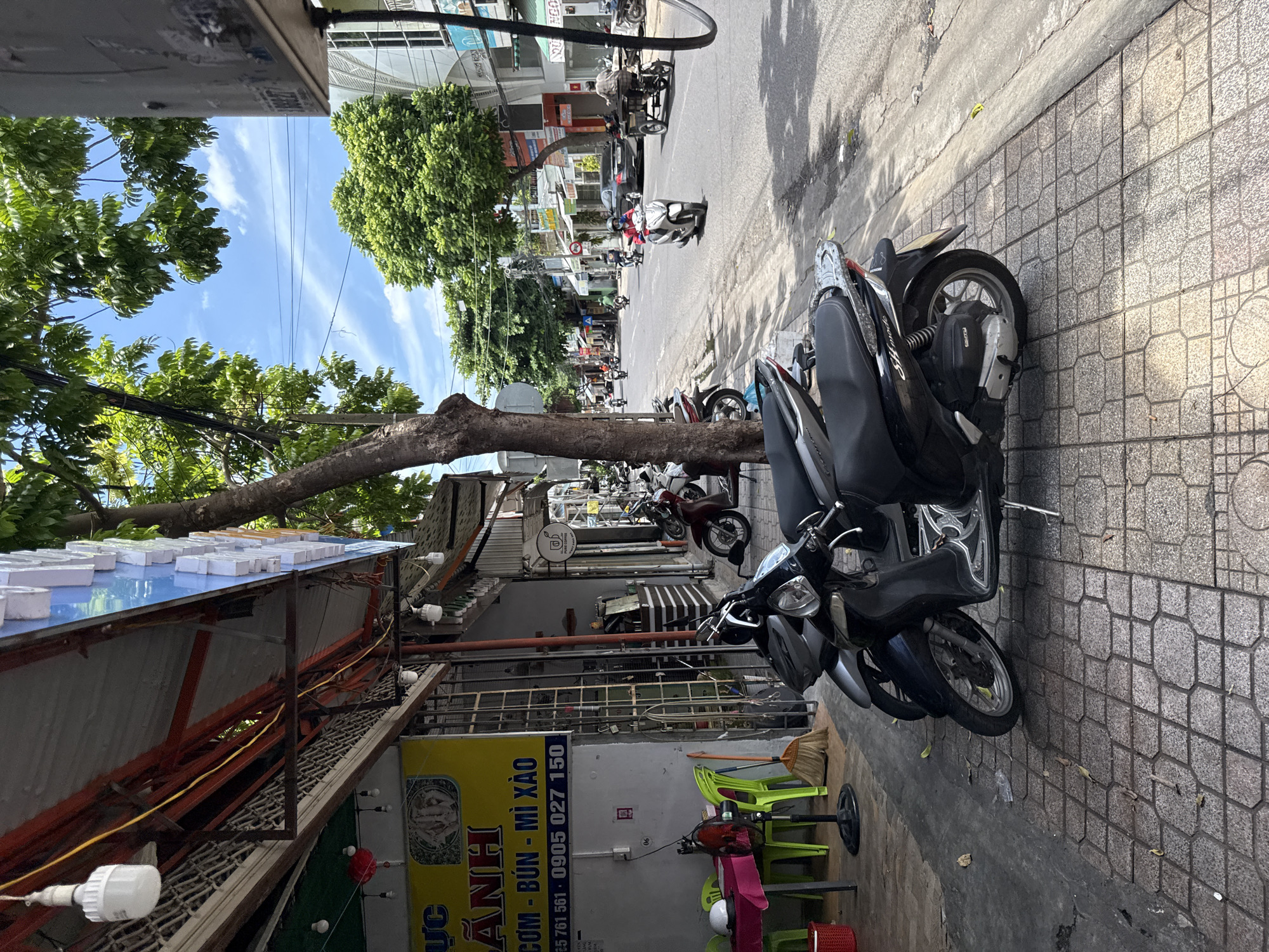 The image depicts a street scene in Nha Trang, Vietnam. In the foreground, two parked motorcycles are visible on a tiled sidewalk. The motorcycle on the left is partially obscured by the one on the right. The sidewalk is made of patterned square tiles and shows some fallen leaves.
To the left of the sidewalk, there is an establishment with a yellow sign that displays Vietnamese text and prices for "CƠM - BÚN - MÌ XÀO". There are also tables with red tablecloths and green plastic chairs set up outside, suggesting an outdoor dining area. A fan and a broom are also present near the establishment's entrance. Overhead, an awning is supported by red metal beams, and decorative lights hang from the structure.
The street itself is paved and appears to be a main thoroughfare. Several other motorcycles and a few cars are visible further down the street, indicating moderate traffic. Some individuals are riding motorcycles, one of whom is wearing a red top. Buildings line both sides of the street, with various shops and businesses. Lush green trees with dense foliage grow along the sidewalk and in the background, providing shade. The sky is blue with scattered white clouds, suggesting a clear day. The overall scene conveys the bustling atmosphere of a city street in Vietnam.