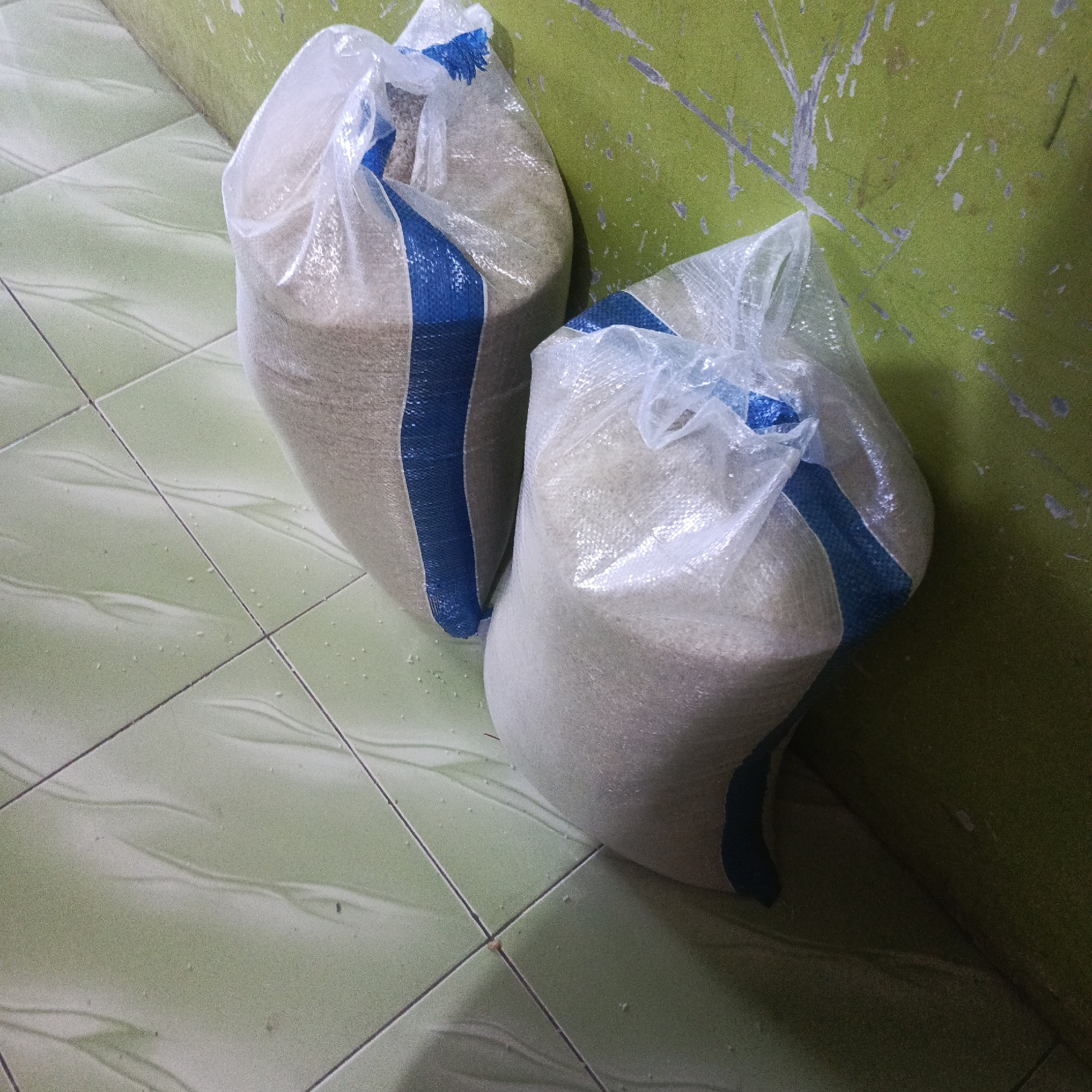 Two large, clear plastic bags filled with a granular substance, likely rice or sugar, are placed on a light green tiled floor. Each bag has a blue stripe running vertically along its front. The bags are leaning against a wall that is painted a mottled green and has a textured surface with gray scuff marks. The scene appears to be indoors, possibly in a storage area or shop in Karangtuang, Indonesia.