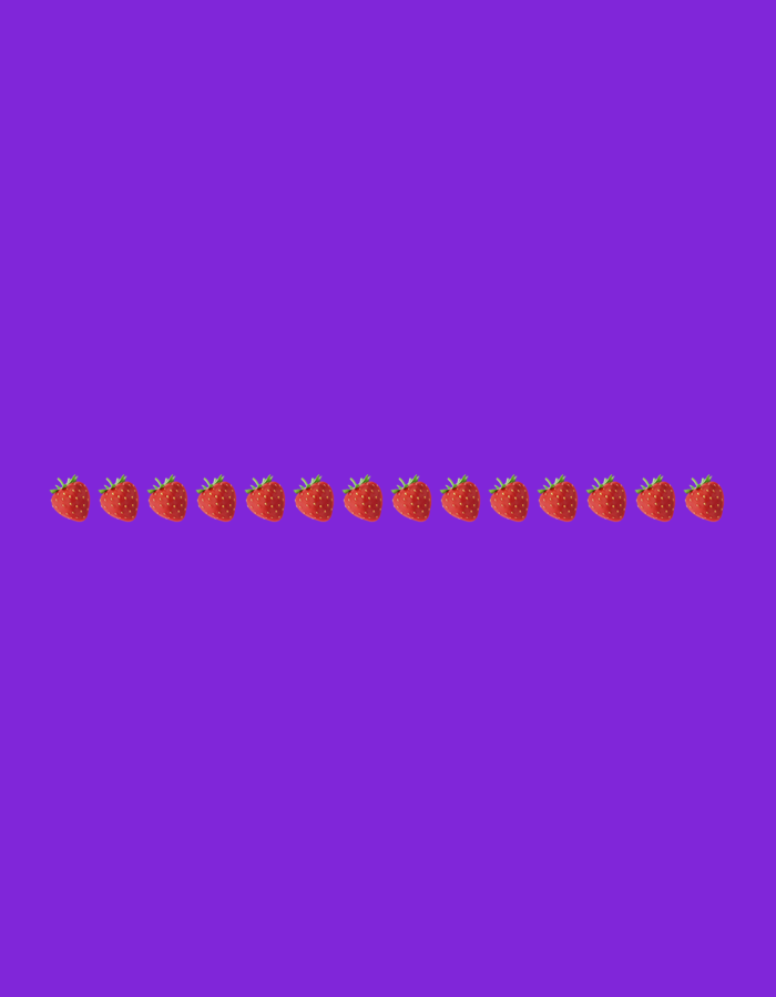 The image shows a row of twelve cartoon strawberries against a solid purple background. The strawberries are evenly spaced and lined up horizontally near the bottom of the frame. The purple background occupies the majority of the image. There is no information about the city of Liège, Belgium, present in the image.