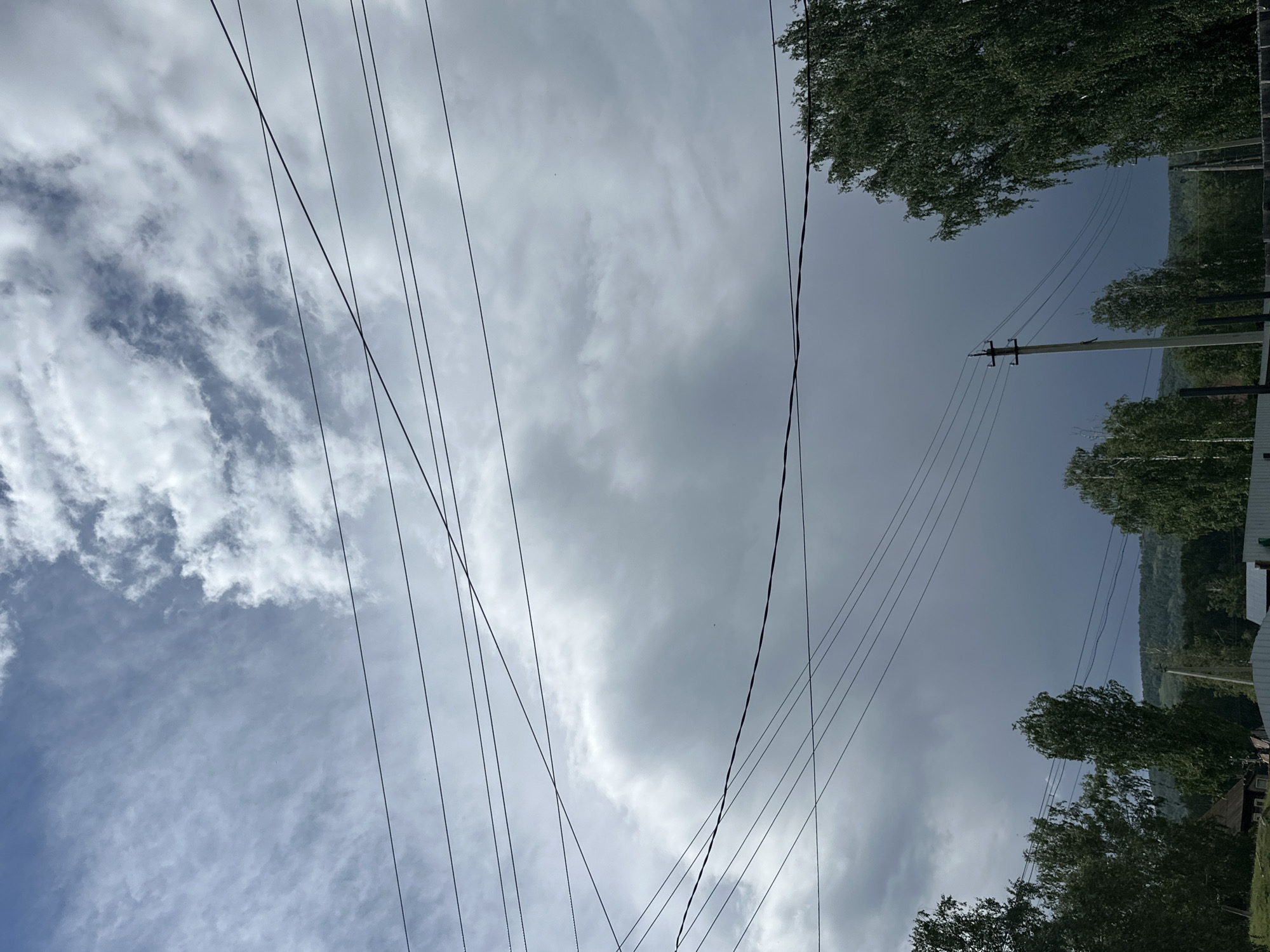 The image displays an outdoor scene under a heavily clouded sky. Numerous black electrical power lines crisscross the upper two-thirds of the frame, forming a dense network of horizontal, diagonal, and intersecting strands against the sky. The sky transitions from lighter, textured grey and white clouds in the upper left, revealing glimpses of pale blue, to a darker, more uniform grey cloud cover dominating the central and lower portions. A distinct band of dark, heavy grey-blue clouds suggestive of inclement weather is visible above the distant horizon. Below the power lines and against the darker sky, a line of deciduous trees with green foliage is present. A prominent wooden utility pole with multiple crossarms and insulators stands in the lower right quadrant, supporting some of the power lines. Distant, undulating forested hills or mountains form the horizon line beneath the darkest clouds. Partially visible at the very bottom are vague outlines of structures, possibly fences or rooftops, mostly obscured by vegetation and shadow. No individuals are present. The location is in the city of Unknown, Unknown.