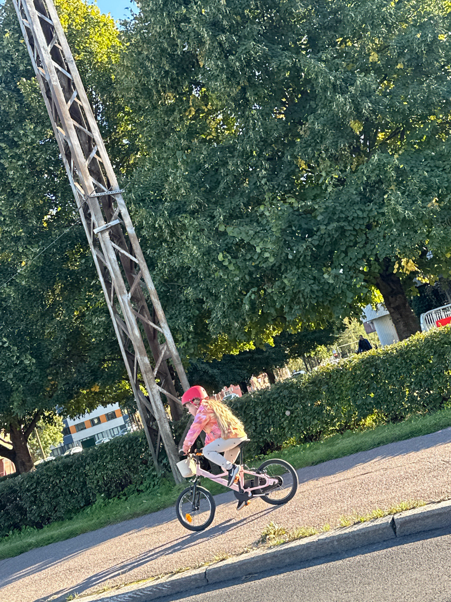 A young girl with long blonde hair, wearing a pink helmet and a tie-dye jacket, rides a pink bicycle with a white basket on a paved path. She is moving from left to right in the frame, casting a long shadow to her left due to the low angle of the sun. The path is bordered by a neatly trimmed green hedge on the right and a grassy area with a concrete curb on the left. In the background, a large metal tower structure, likely a power line pylon, stands prominently, leaning towards the left of the frame. Behind the pylon and hedge, a dense canopy of green trees dominates the upper portion of the image. In the distance, beyond the trees, a building with orange and blue accents is visible. The scene appears to be set in an urban or suburban park environment.
