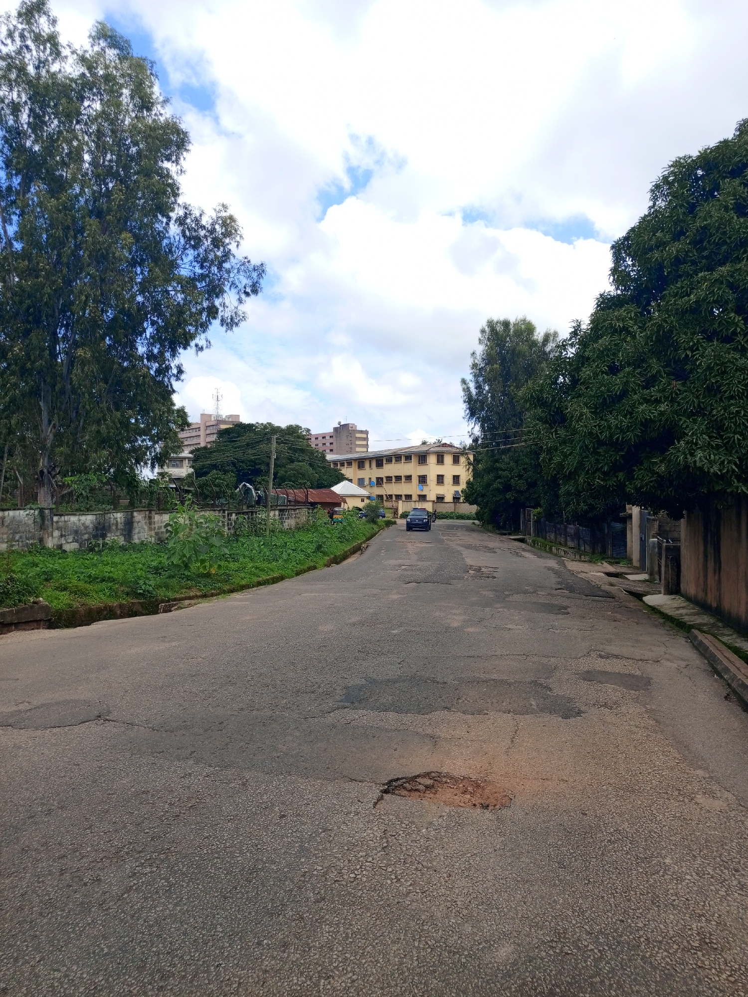 The image depicts a street in the city of Jos, Nigeria, characterized by its worn asphalt surface, marred by numerous potholes. On the left side of the road, a rough-hewn concrete wall, partially covered in moss and vines, separates the street from an overgrown lot filled with lush green vegetation and tall trees. A dark-colored sedan is visible further down the road, moving away from the camera. Beyond the vegetation, a multi-story yellow building with a flat roof and visible windows stands prominently, likely a residential or administrative complex. The sky is partly cloudy, with patches of blue sky peeking through white cumulus clouds. The overall impression is one of an urban environment with evidence of infrastructure wear and tear, softened by the presence of abundant greenery.