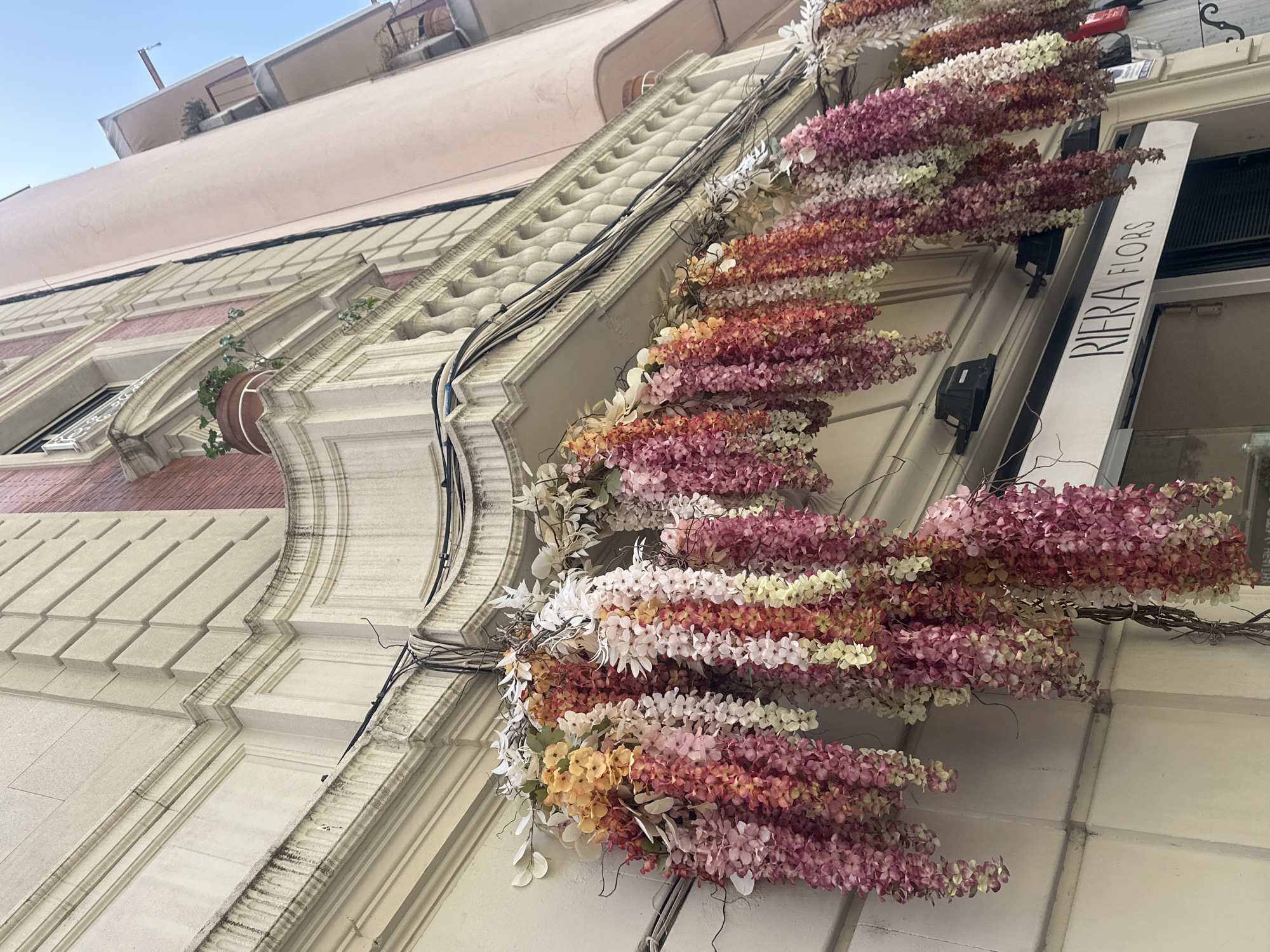 The image depicts the exterior of a building in Barcelona, Spain, likely a flower shop given the signage "RIERA FLORS". Artificial flower garlands, cascading in shades of pink, orange, and white, are artfully draped along a balcony and the facade above the entrance. The building itself features classical architectural elements, including a balustrade and decorative molding. Wires are visible along the balcony, suggesting they are used to secure the floral decorations. The sky is clear and blue, indicating daylight. No people are visible in the scene. The overall impression is one of a well-decorated storefront, aiming to attract customers with vibrant floral displays.