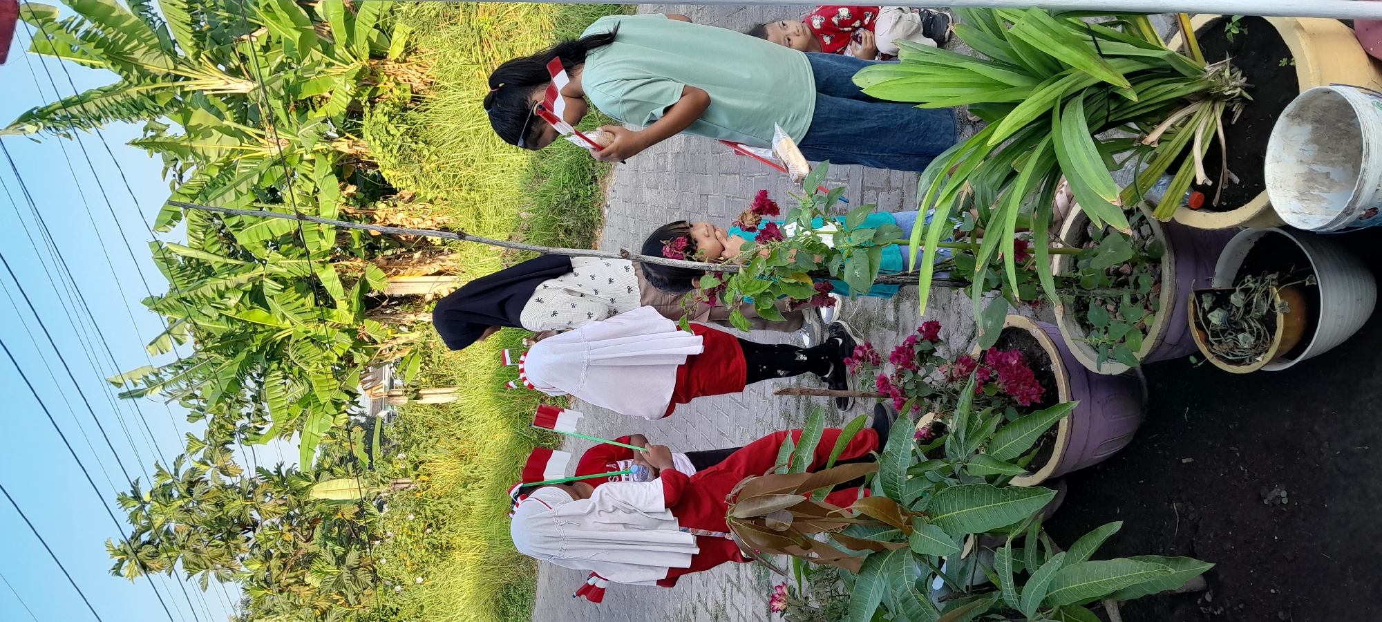 In Bendungan, Indonesia, on a bright, clear day, a group of children and an adult stand on a paved surface, likely a sidewalk or road, surrounded by lush greenery. Several banana trees and other tropical plants are visible in the background, with power lines crisscrossing the sky.
In the foreground, several potted plants are arranged, some with vibrant red flowers. Among these pots, a young girl with dark hair and a flower tucked behind her ear looks to her right, her hand resting on her chin. To her left, another young child in a red shirt is partially obscured by a larger potted plant.
Further back, a group of children dressed in white headscarves and red tops are holding small Indonesian flags. One child is holding a bottle of water. An adult, wearing a black hijab and a patterned sweater, stands facing the children, engaged in conversation. Another young girl to the far right, wearing a light green t-shirt and dark pants, is also holding an Indonesian flag. A young boy in a red shirt sits to the far right, facing forward. The overall atmosphere appears festive and communal, possibly related to a national celebration.