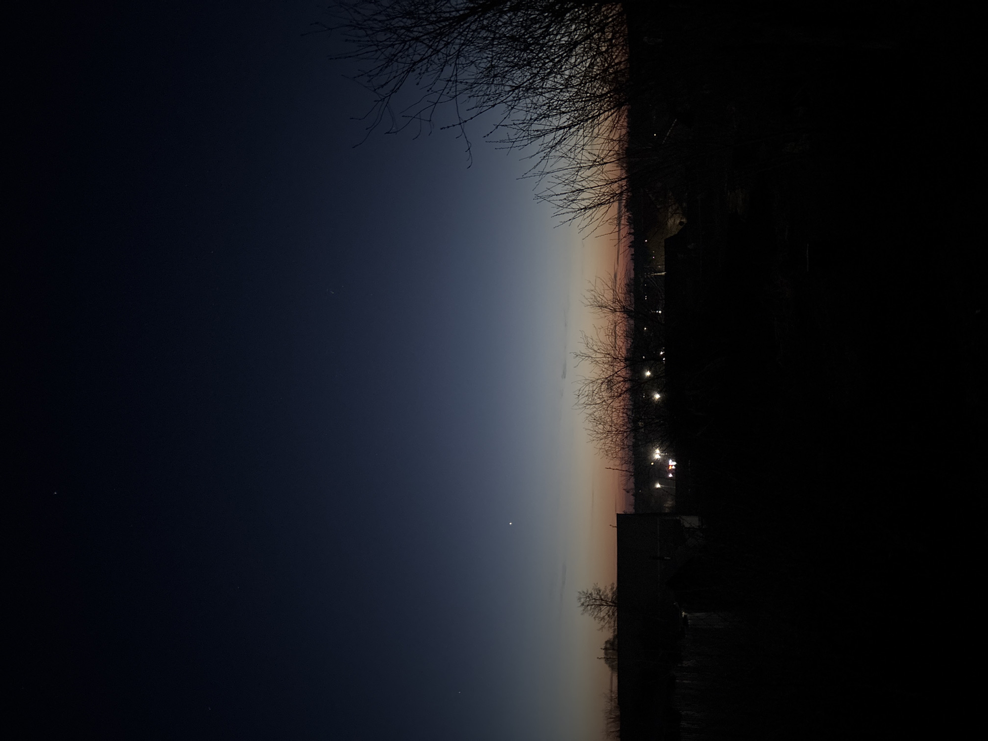 The image shows an evening scene in Фоки, Russia. The sky transitions from a dark blue on the left to a light orange-pink near the horizon on the right. On the horizon, there are dark silhouettes of trees and buildings. Some lights from buildings or streetlamps are visible. A bare tree branch appears in the upper left corner. The ground is mostly dark.