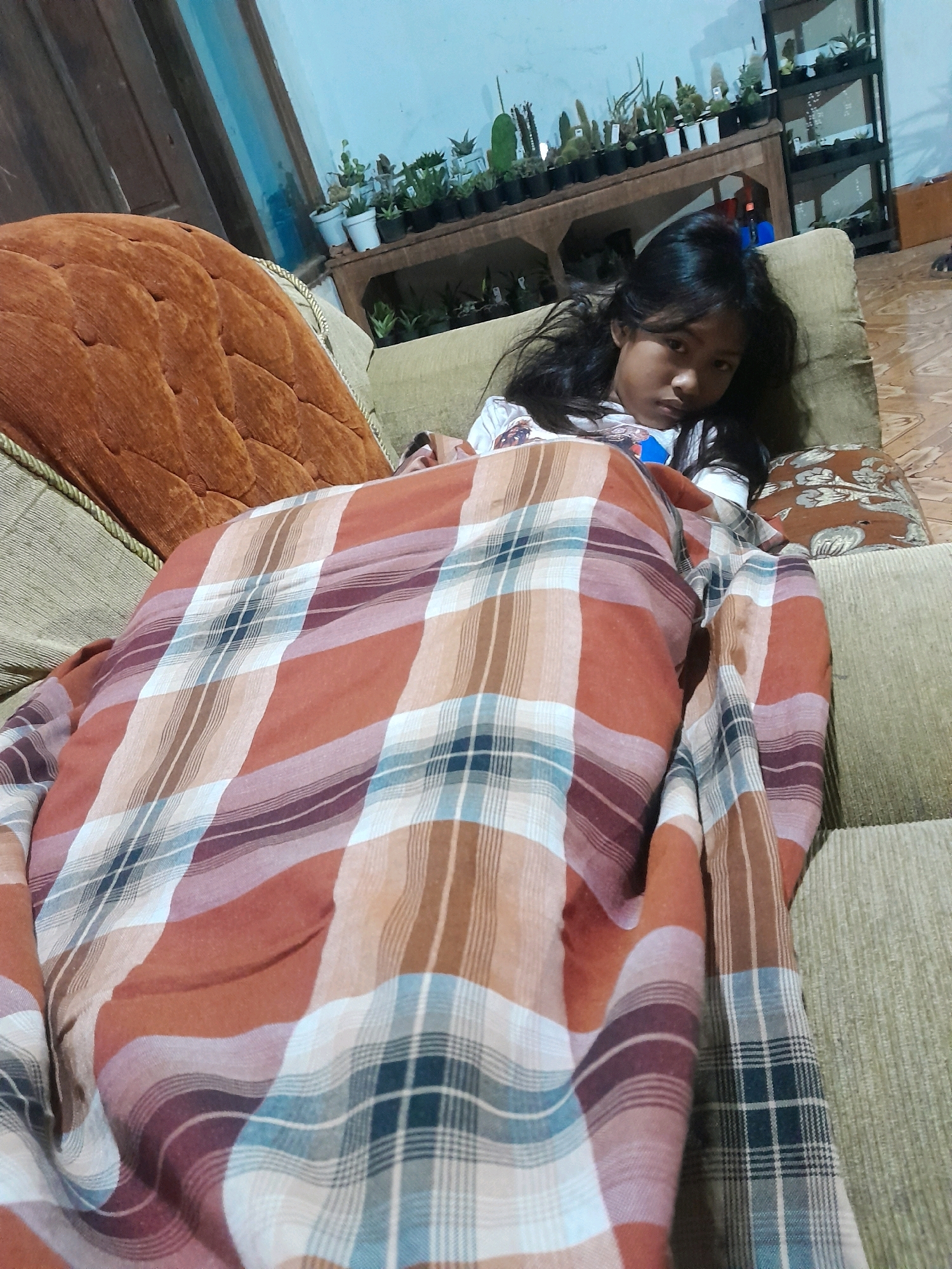 In Tegalarum, Indonesia, a young female is lying on a sofa, covered by a plaid blanket. She has long, dark hair and is wearing a patterned t-shirt. The sofa is upholstered in a light brown fabric, with a textured orange cushion visible on the left. Behind the sofa, a shelf holds numerous potted plants, and a dark wooden door is partially visible on the left side of the frame. The room appears to be a living space, with tiled flooring and a light blue wall. The lighting suggests it is indoors, possibly at night or in a dimly lit room.