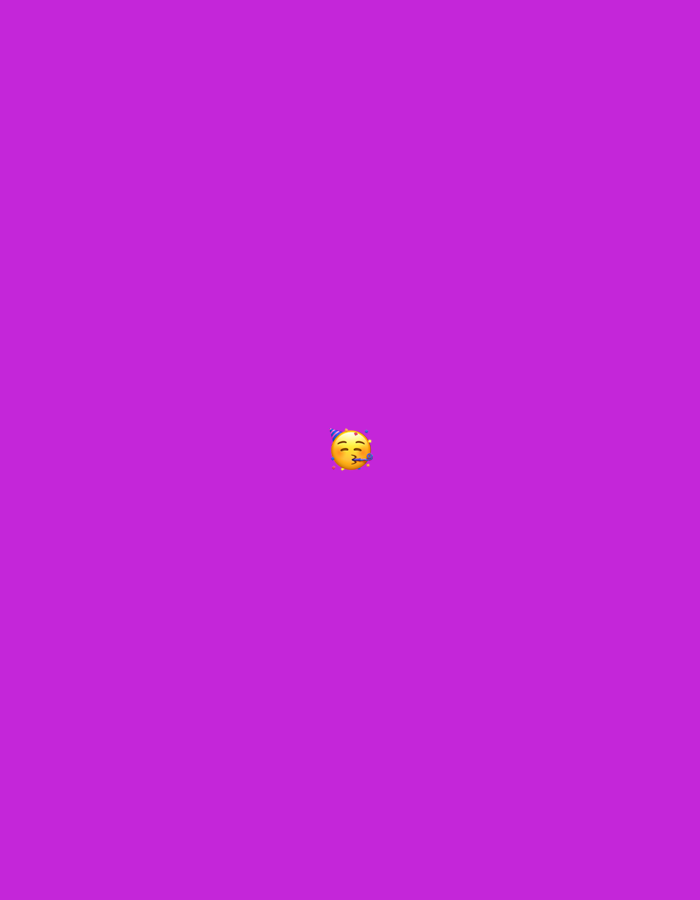 The image displays a single emoji centered against a solid, uniform purple background. The emoji is a yellow face with closed eyes, wearing a blue conical party hat adorned with purple polka dots. A yellow party horn, emitting a purple and blue stream, is depicted extending from the emoji's mouth, indicating the action of blowing a noisemaker. There are no other subjects, objects, or environmental details present. The image contains no visual information or cues to indicate a specific geographical location, therefore its presence in Santa Ana, Venezuela, cannot be determined from the provided visual data.