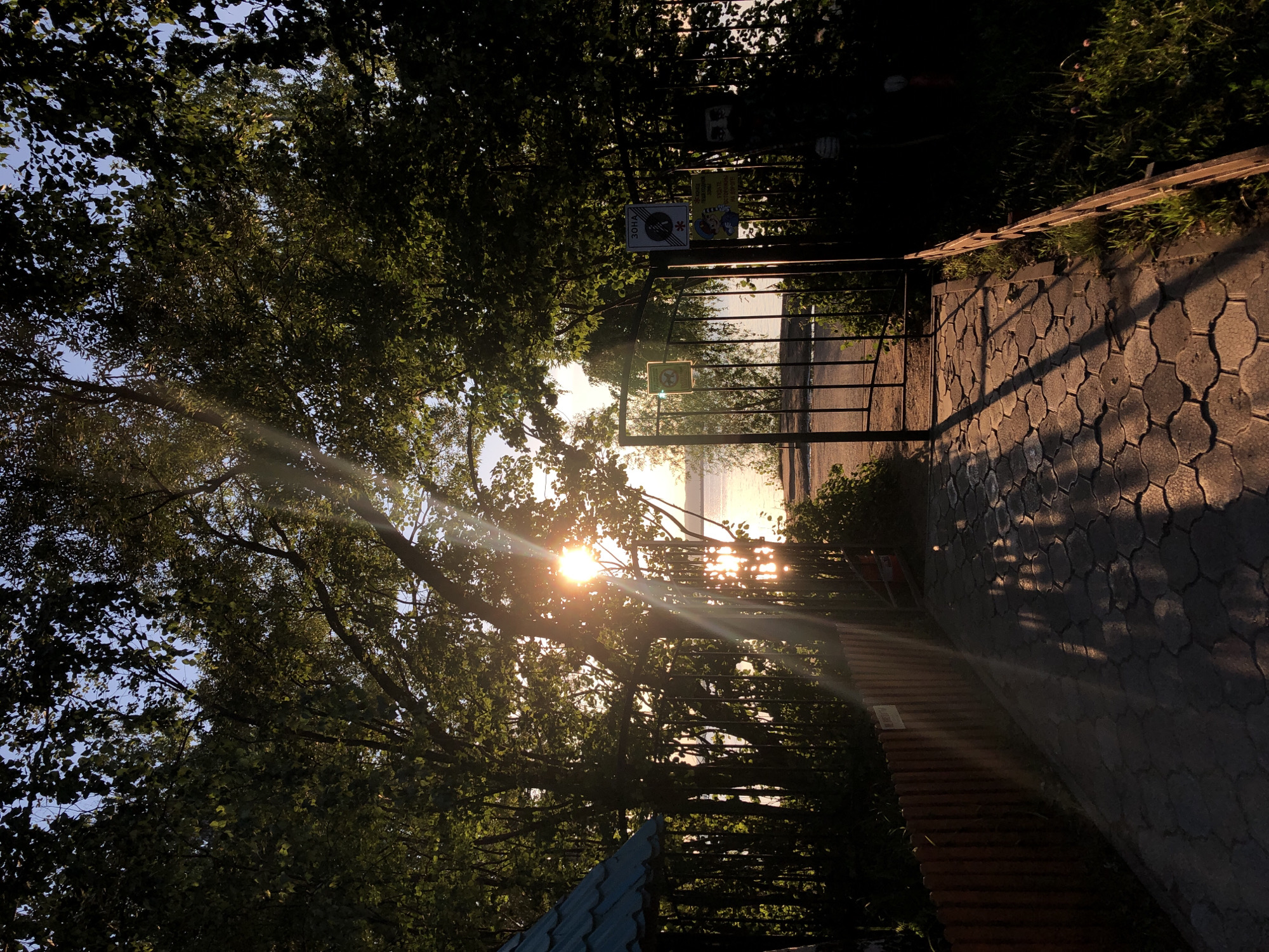 This media file depicts a sun-drenched pathway leading through a gate towards a body of water. The sun is low in the sky, casting long shadows and creating a warm, golden light that filters through the leaves of large trees. The pathway is paved with interlocking hexagonal stones, with a section of red brickwork to the left. Beyond the gate, a fence runs along the path, and a calm body of water is visible in the distance, reflecting the sky.
Two signs are attached to the fence. One sign, predominantly white with black text and a red graphic, appears to be a warning or informational sign. Another, smaller yellow sign with cartoonish figures and Cyrillic text is also visible. The overall mood is peaceful and serene, suggesting a quiet moment during sunrise or sunset. The presence of trees and the water indicates an outdoor setting, likely a park or recreational area. The location context of Chaikovsky, Russia, provides a geographical reference for the scene. The time of day is clearly either dawn or dusk due to the low angle of the sun and the quality of light.