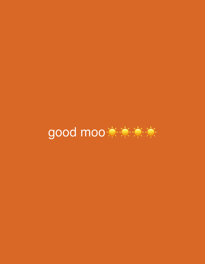 The image is an orange background with the words "good moo" followed by four sun emojis in the center. There is no indication of the location being Chaikovsky, Russia. There are no people, subjects, objects, actions, or interactions other than the text and emojis. The environment is simply a flat orange background.