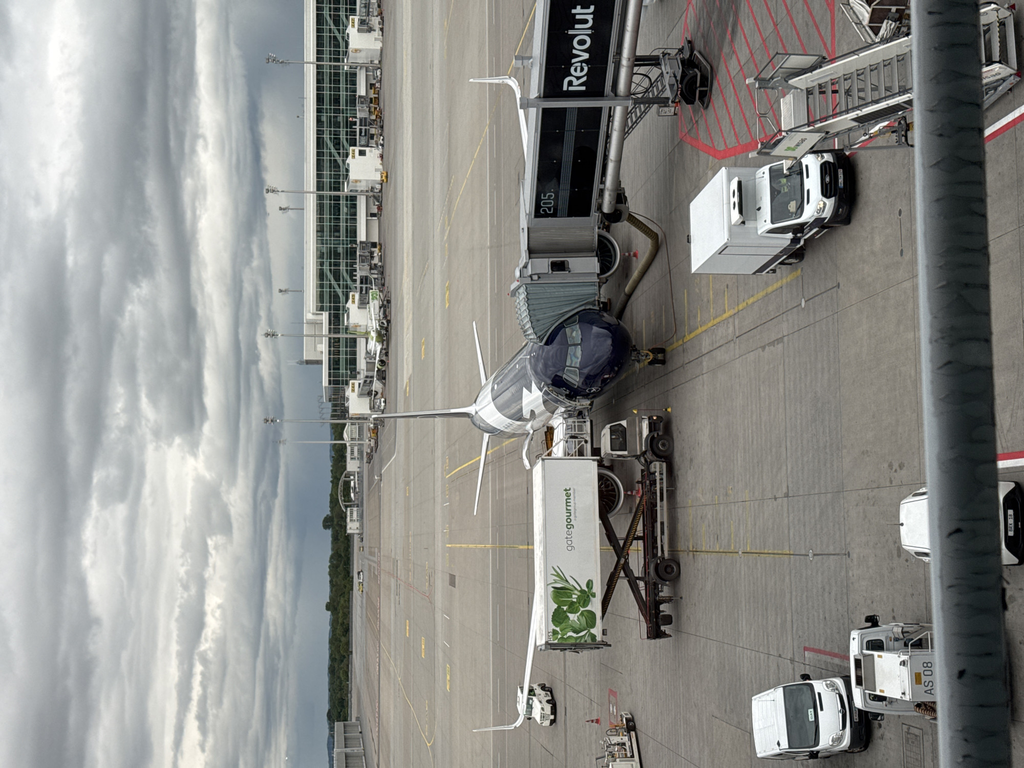 The image shows an airport scene in Freising, Germany, specifically at Munich Airport (MUC). An aircraft is parked at gate 205, connected to a jet bridge with "Revolut" branding. A "gategourmet" catering truck is positioned next to the aircraft, presumably servicing it. Several airport service vehicles, including vans, are parked nearby. The sky is overcast. The apron is marked with yellow lines and red safety zones. The airport terminal building is visible in the background. No people are distinctly visible in the image.