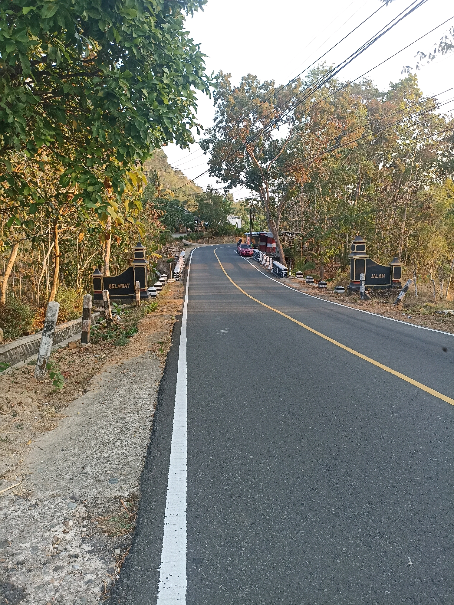 The image shows a road in Wonogondo, Indonesia, with a red car on the left side of the road. There are trees and vegetation on both sides of the road, with power lines overhead. The road has a yellow line down the center and a white line on the right side. There are two signs on the left side of the road, one that says "SELAMAT" and another that says "JALAN". The scene appears to be in a rural or semi-rural area, with a natural landscape. The lighting suggests it is daytime, likely late afternoon.