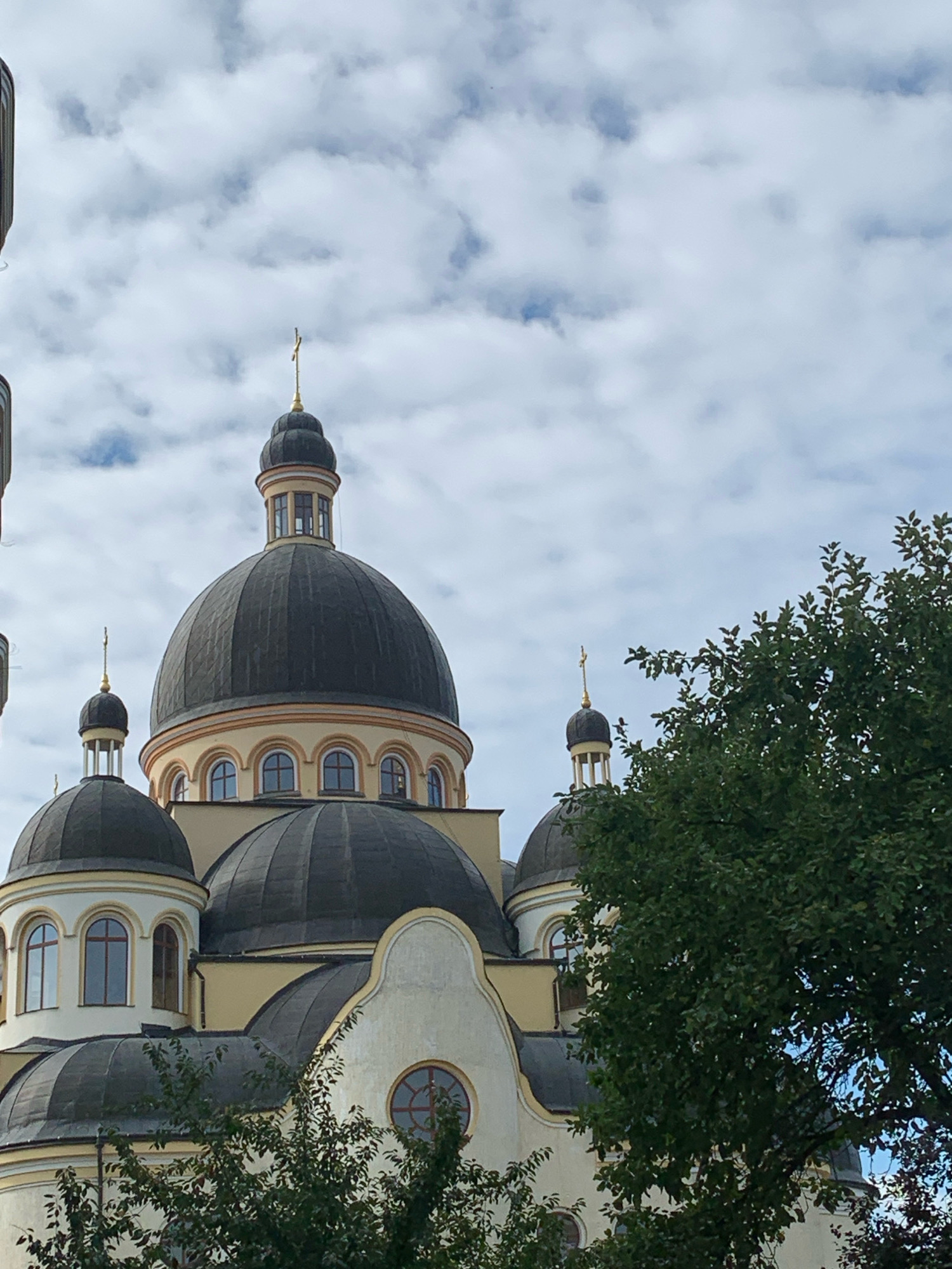The image shows the domes and upper facade of a cathedral, likely in Kolomyia, Ukraine, under a cloudy sky. The architecture features multiple dark, rounded domes, some topped with golden crosses, and a light-colored building with arched windows. A lush green tree partially obscures the right side of the structure. The scene appears to be a daytime exterior shot of a religious building.