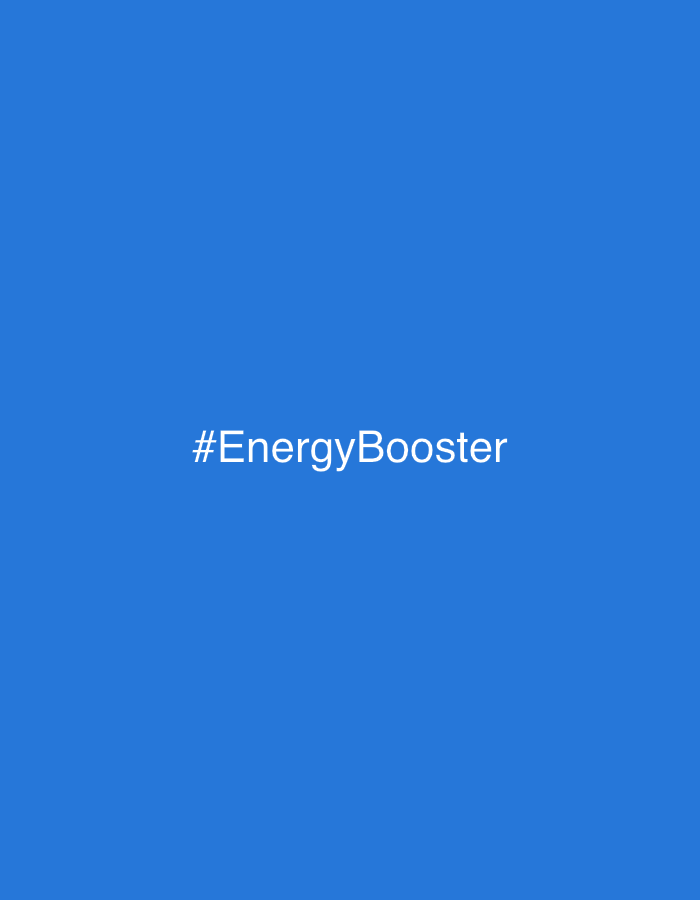 The image is a plain blue background with the text "#EnergyBooster" written in white in the center. There are no people, subjects, objects, actions, or interactions in the image. The environment is undefined. The image provides no information about the city of Kazan, Russia.