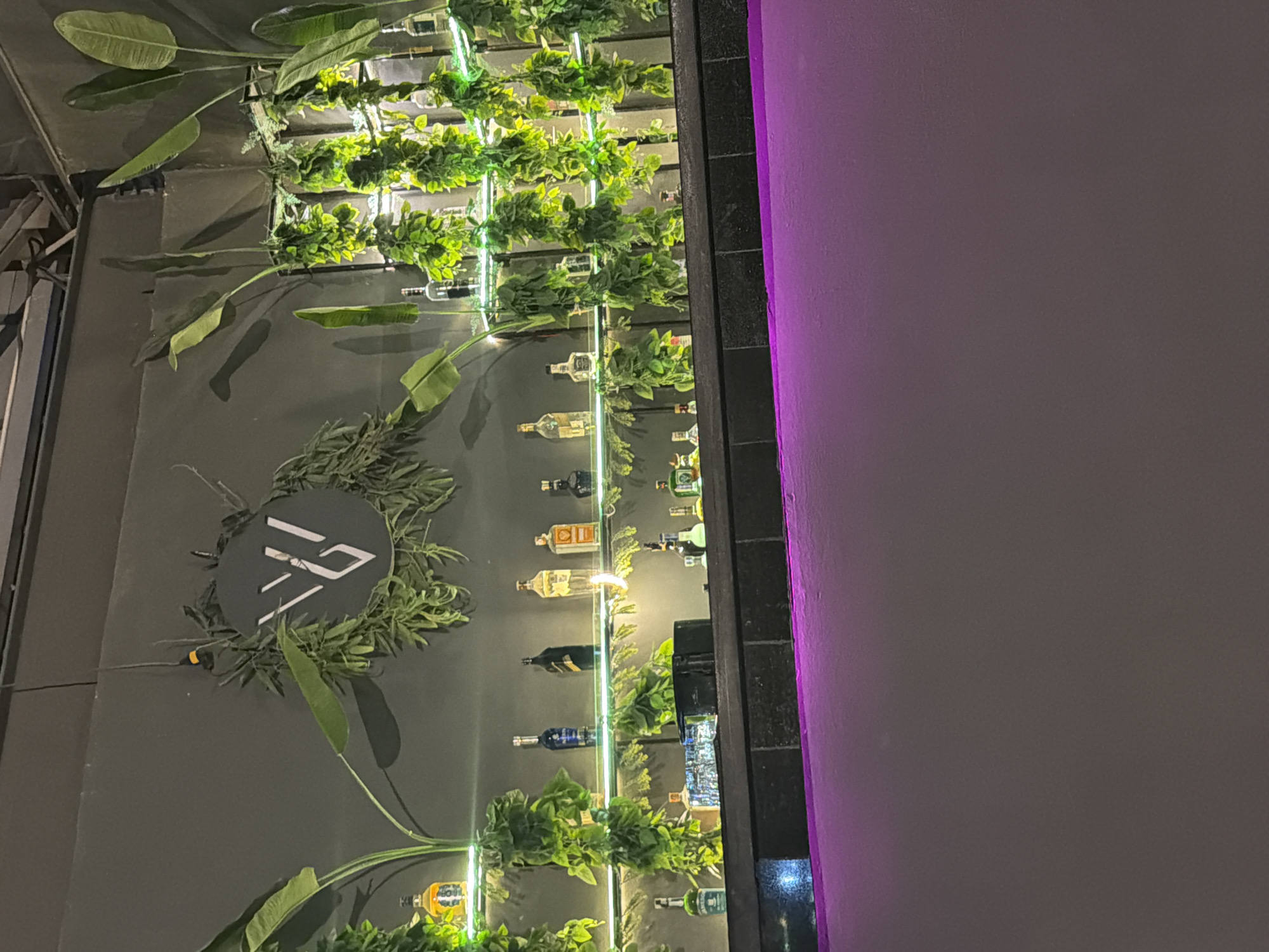 The image shows a dimly lit bar with shelves stocked with bottles of alcohol and decorative green plants. The shelves are illuminated by soft lighting, and the bar itself is a dark color with a purple light strip running along the front. A circular logo with the letters "W" is visible on the dark wall behind the bar, surrounded by more greenery. The setting appears to be a modern and stylish bar or lounge. Based on the available information, this establishment is likely located in Sharm El Sheikh, Egypt. There are no people visible in the image.