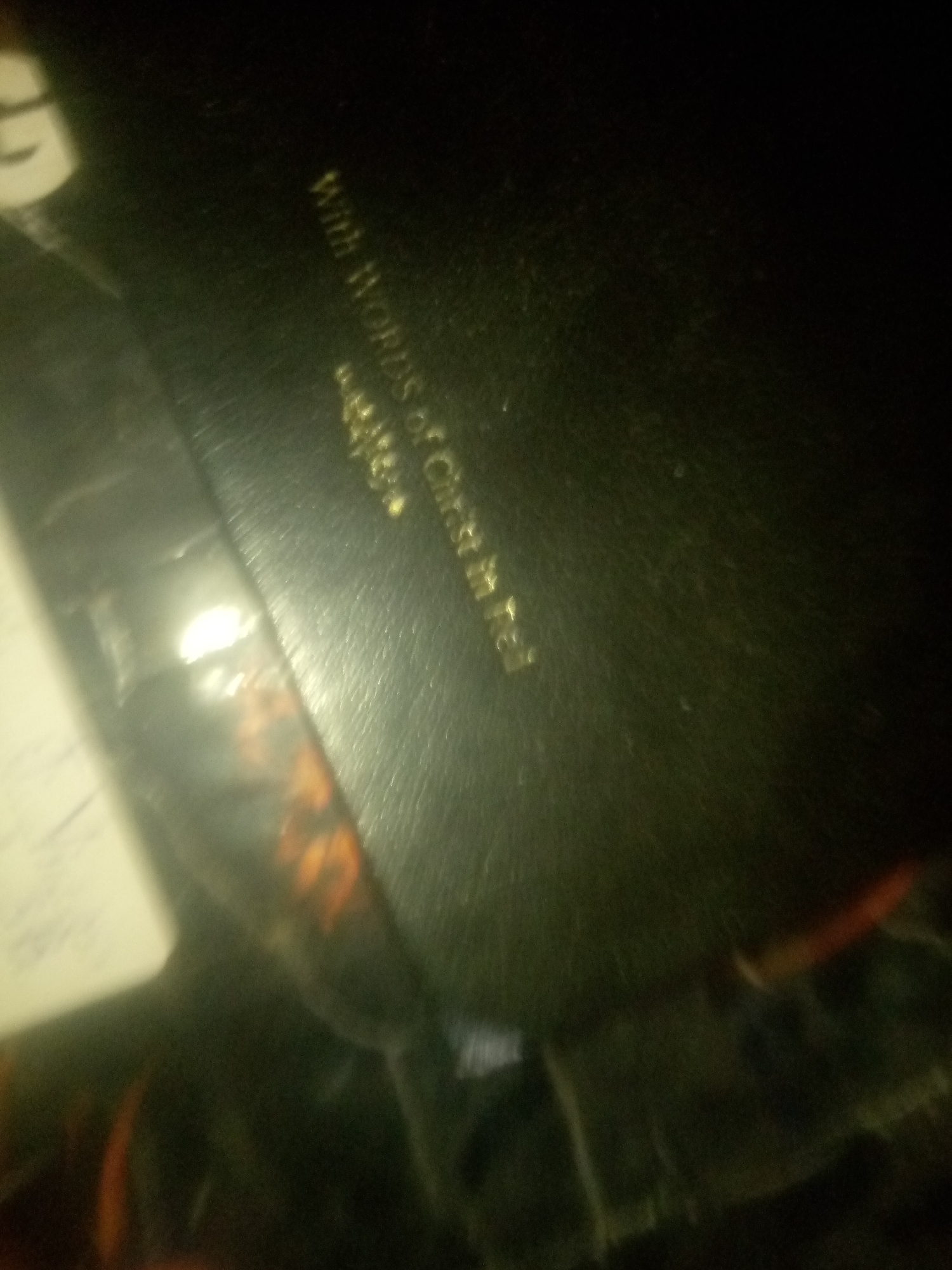 The image shows a black, textured surface with gold lettering. The lettering appears to be a quote or a dedication. The surface is angled and there is a bright reflection on it. The background is dark and out of focus, with hints of orange and brown colors suggesting a patterned material. The overall impression is of an enclosed object, possibly a book cover or a decorative item.