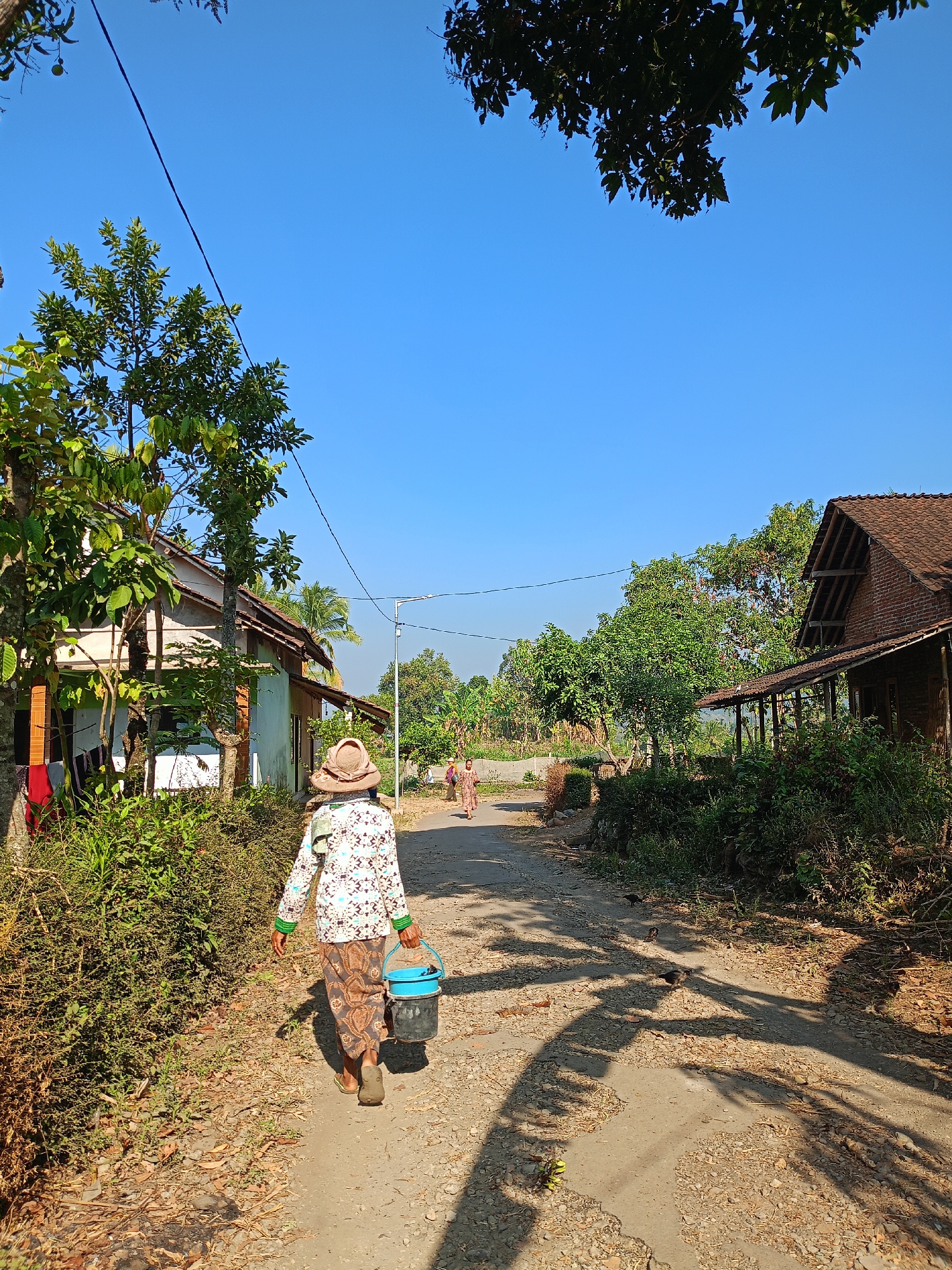 In the city of Jelbuk, Indonesia, under a clear blue sky, a person walks away from the camera down a dirt road. The individual, wearing a wide-brimmed hat, a patterned long-sleeved shirt, and a patterned skirt, carries a blue bucket in their right hand. To the left of the road, a simple house with a white exterior and a tiled roof is partially visible, surrounded by lush green bushes and trees. Another house, constructed of brick with a tiled roof and a covered porch, stands on the right side of the road. Further down the road, another person in similar attire is seen walking towards the camera. The scene is illuminated by bright sunlight, casting distinct shadows of trees and the person onto the dusty road.