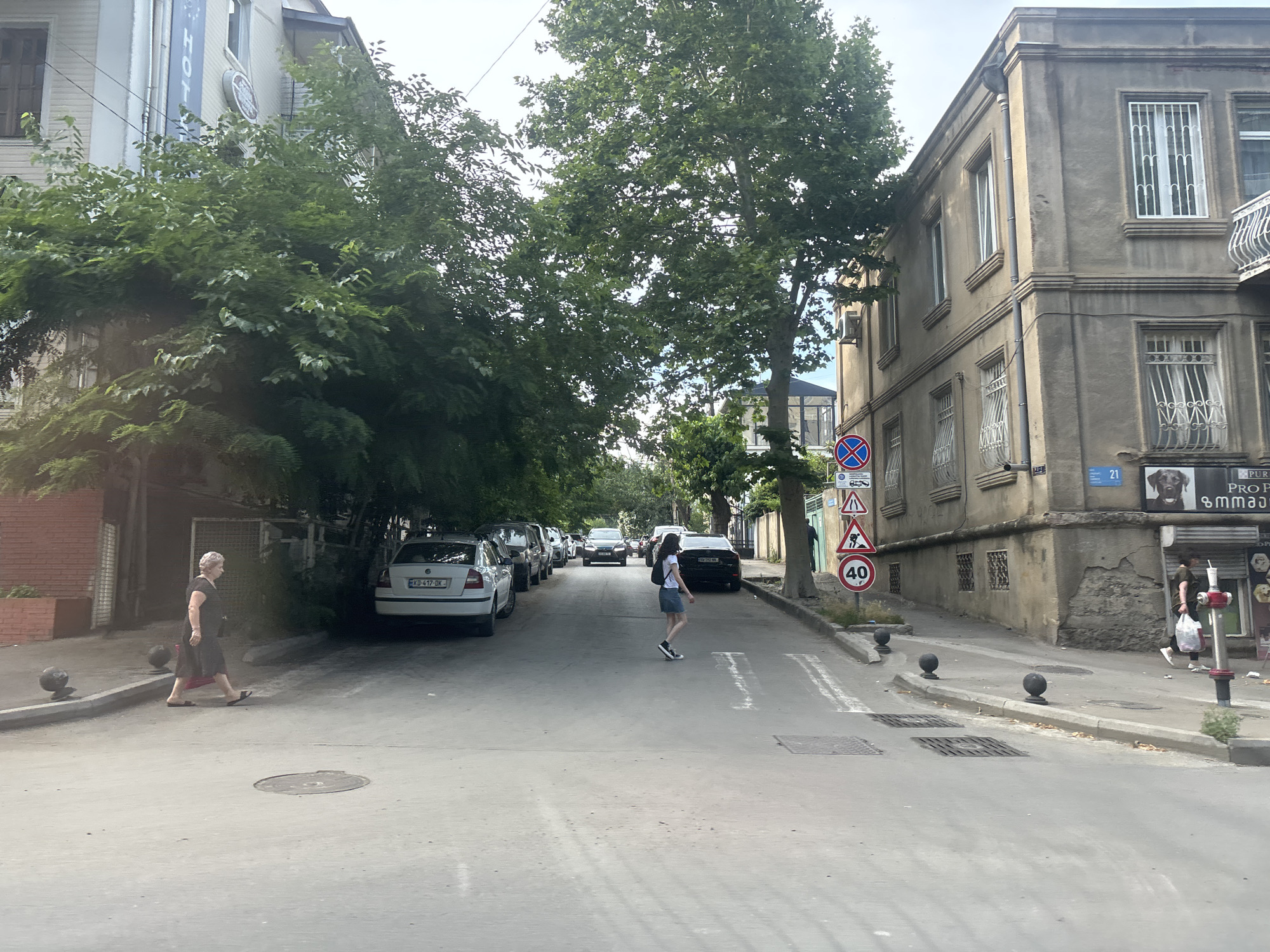 This media file captures a street scene in Tbilisi, Georgia. The scene depicts a moderately busy street with cars parked along the sides and moving in the distance. Two people are visible in the foreground. An older woman, dressed in a dark dress, walks along the sidewalk. A younger woman, wearing a skirt and t-shirt, crosses the street in a crosswalk.
The architecture of the buildings suggests an urban environment with older structures. Some buildings have multiple stories, with windows often protected by bars. Green trees line the street, providing shade and contributing to the urban greenery. Road signs are visible, including one indicating a speed limit of 40.
The lighting suggests it is daytime, and the weather appears to be overcast or slightly cloudy, as there are no strong shadows. The overall impression is a snapshot of everyday life on a street in Tbilisi. The image is clear and shows good detail of the people, vehicles, and surroundings.