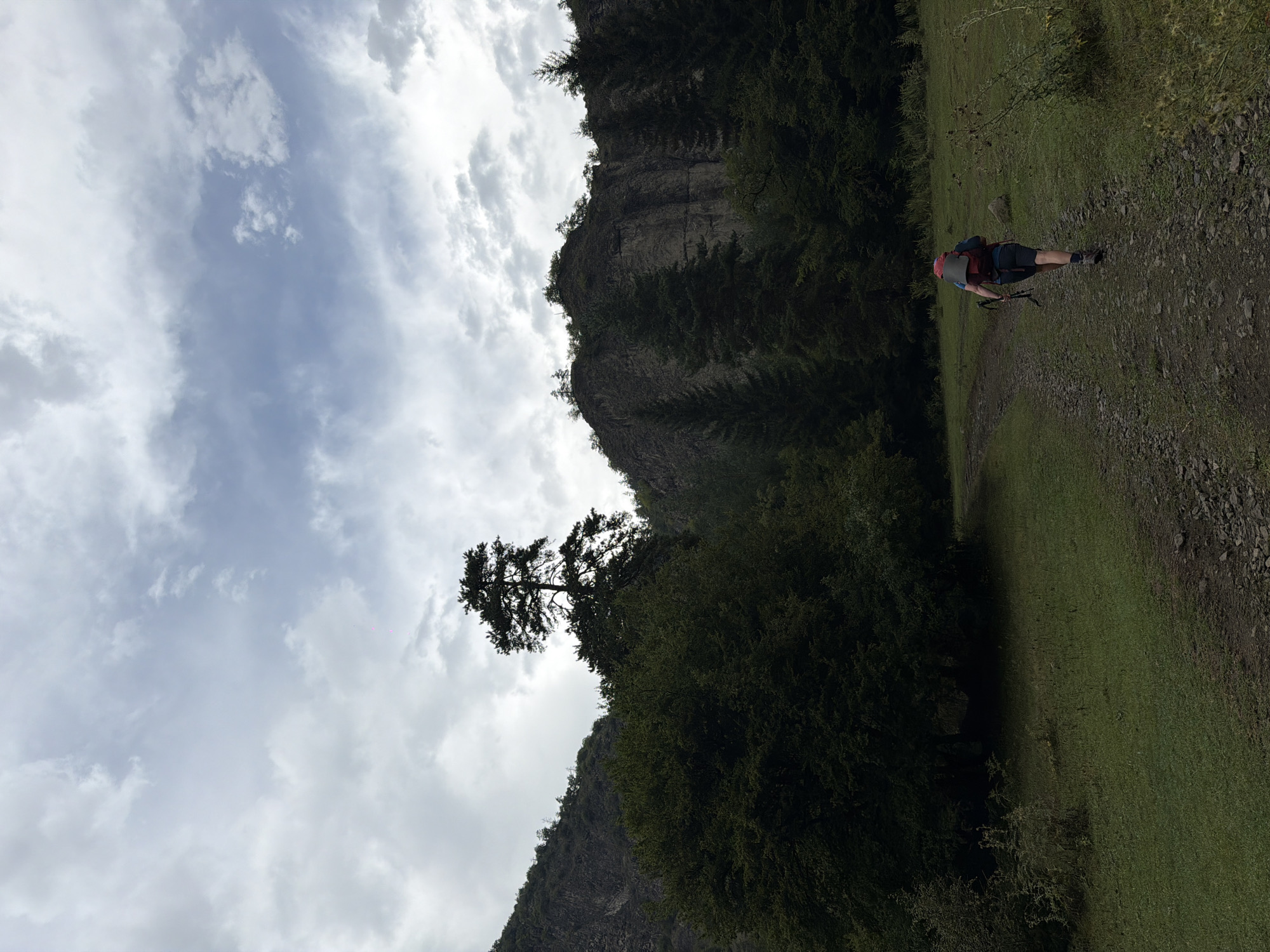 A lone hiker with a red backpack and trekking poles walks up a gravel path in a rural, mountainous landscape in Kvabiskhevi, Georgia. The path is surrounded by green grass and trees. In the background, a steep, rocky mountain rises, covered in dark green pine trees. The sky is overcast with dramatic, dark clouds. The scene depicts a solitary journey through a rugged, natural environment.
