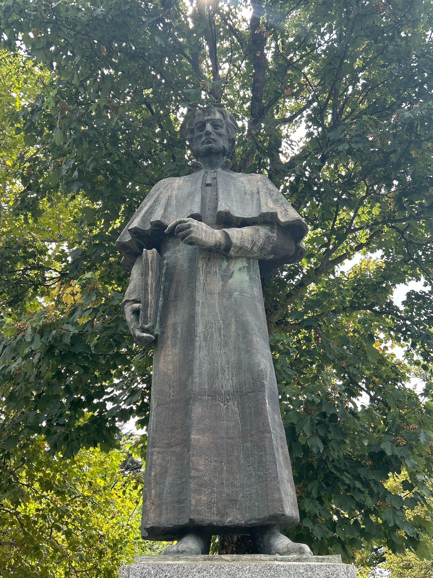 A bronze statue of a robed man holding a book stands in a park setting in Sighnaghi, Georgia. The statue is life-sized and detailed, depicting the man with a stern expression. He is wearing a long, flowing robe with a cape over his shoulders, and he holds a thick book in his left hand. The statue is mounted on a stone pedestal. Behind the statue, a large tree with lush green leaves provides a backdrop. Sunlight filters through the leaves, creating a dappled effect on the statue and the surrounding foliage. The overall impression is one of historical significance and reverence, set against the natural beauty of the park.