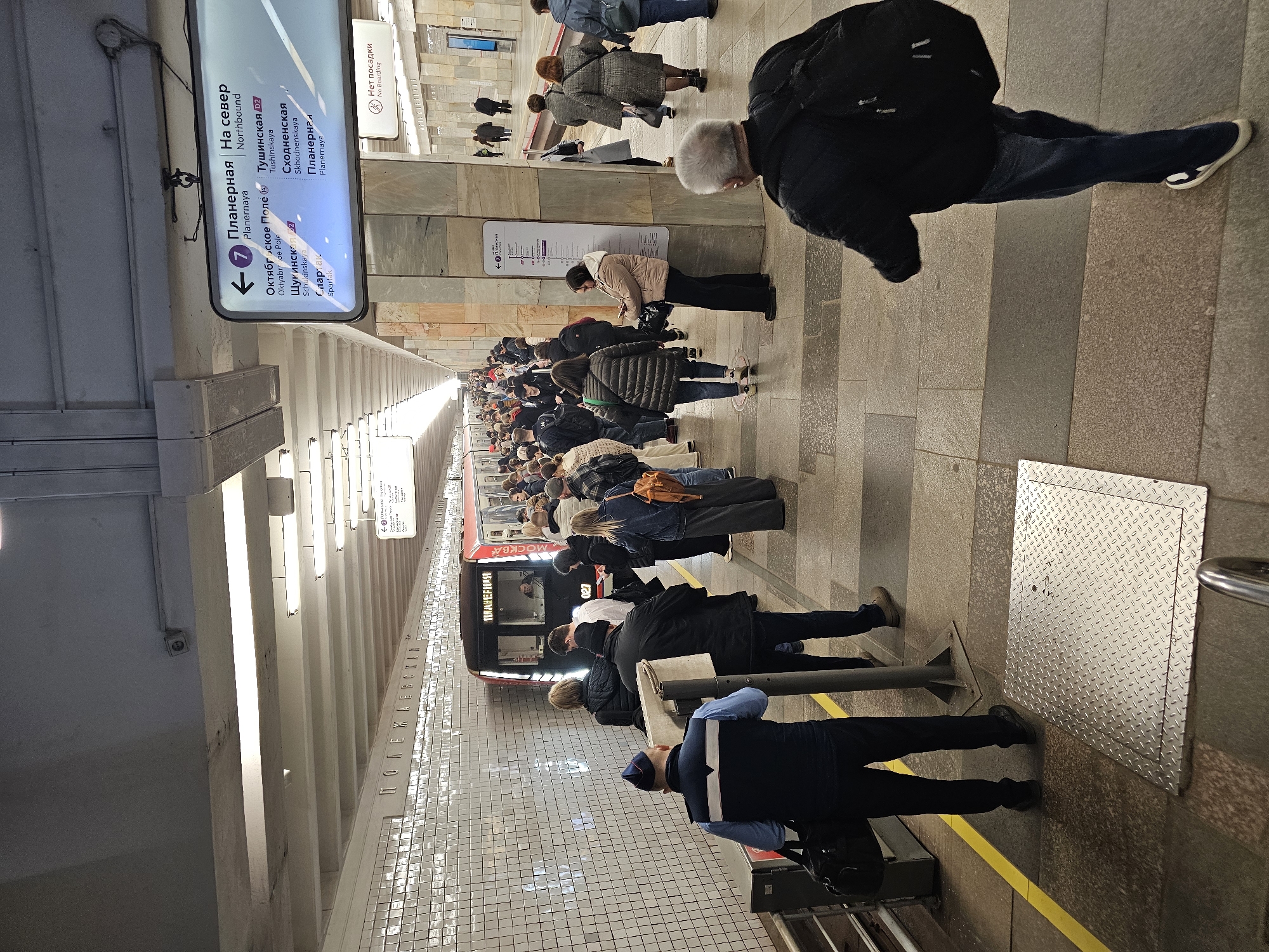 The image shows a crowded subway platform in Moscow, Russia. A red and black train has stopped at the platform where people are waiting. Above the platform wall reads "ПОЛЕЖАЕВСКАЯ". A sign indicates the next stops on Line 7 Northbound towards Planernaya: Oktyabrskoe Pole, Shchukinskaya, Spartak, Planernaya, Tushinskaya, Skhodnenskaya. Passengers are standing close to the edge of the platform as the train arrives. A uniformed official stands near the front of the train.