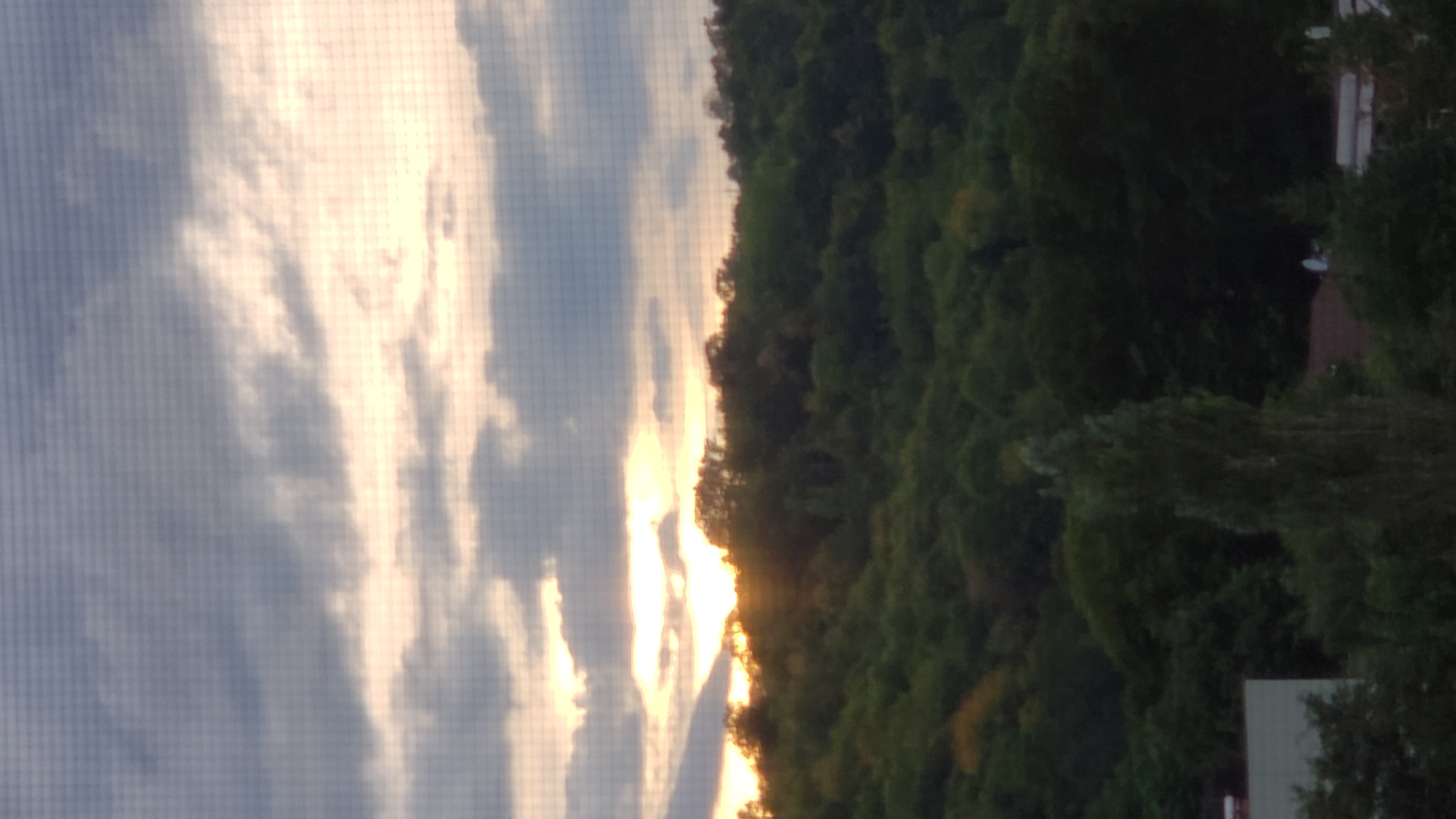 This is a photograph of a sunset over a tree-covered hill, likely in the city of Prešov, Slovakia. The sun is low on the horizon, partially obscured by clouds, casting a warm glow through them. The hill is densely covered with green trees, with some lighter green foliage visible on the upper slopes. In the foreground, there are hints of buildings and trees at the base of the hill, suggesting an urban or suburban setting. The image appears to be taken through a screen or netting, which creates a grid-like pattern over the scene.