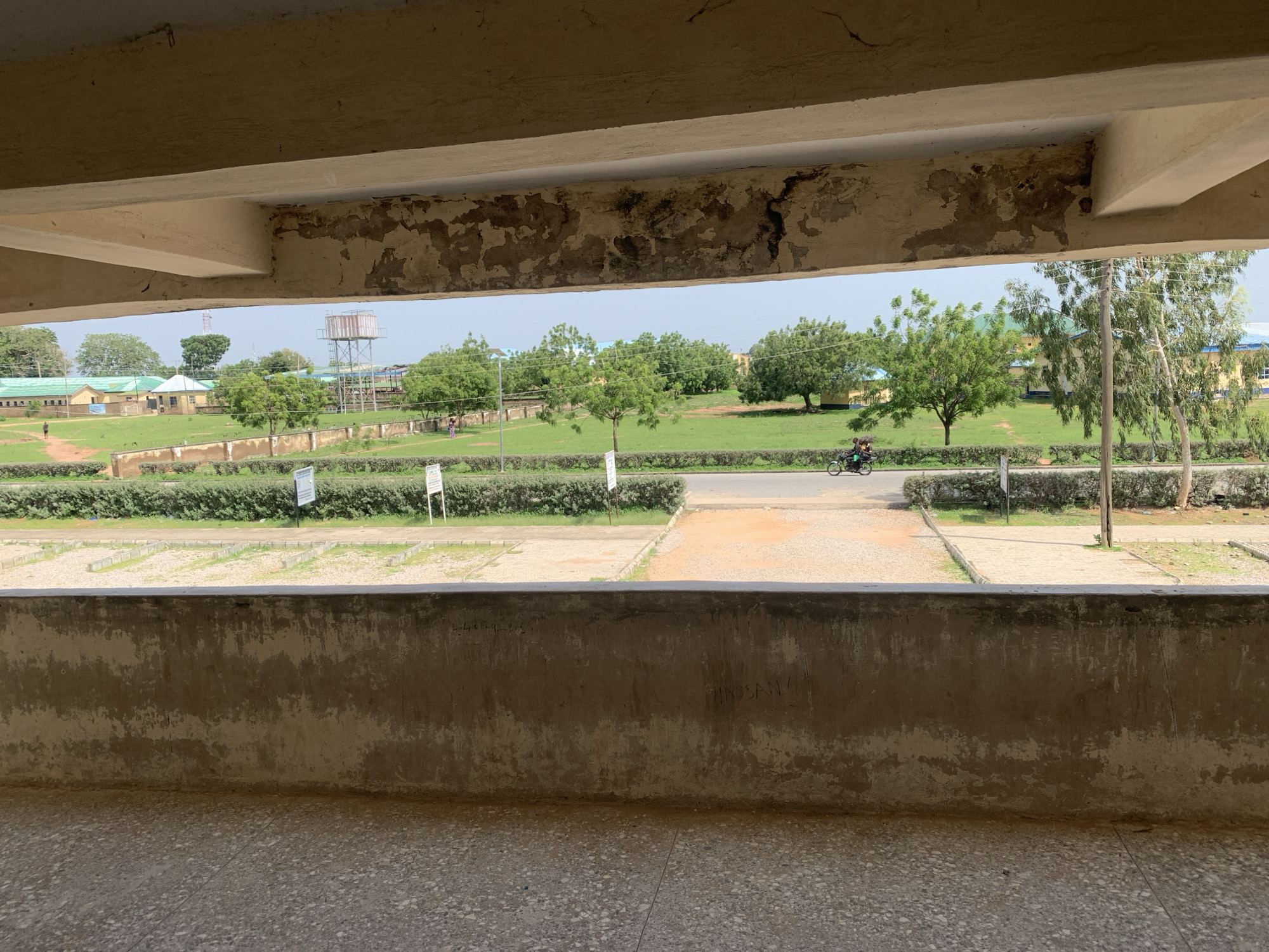 The image, taken from a sheltered vantage point, looks out onto a sunlit, outdoor scene. In the foreground, a concrete ledge or wall is visible, textured with a mottled, light brown and gray surface. Above this, a concrete beam or ceiling element with peeling paint and visible concrete damage spans the width of the frame.
Beyond these man-made structures, a wide, grassy area is spread out, dotted with various trees of different sizes and foliage density. A paved road runs horizontally across the middle ground, with a person riding a motorcycle carrying another passenger visible on it. There are also white posts with signs on them placed along the edge of the grassy area. In the background, several low-rise buildings with green roofs are present, along with a tall water tower. The sky is a pale blue and appears clear.
This scene is situated within the campus of the Taraba State University in Jalingo, Nigeria. The presence of the university buildings, the specific type of water tower commonly seen on such campuses, and the general environment are consistent with an academic institution in Jalingo. The time of day appears to be late morning or early afternoon, given the bright sunlight and the shadows cast.