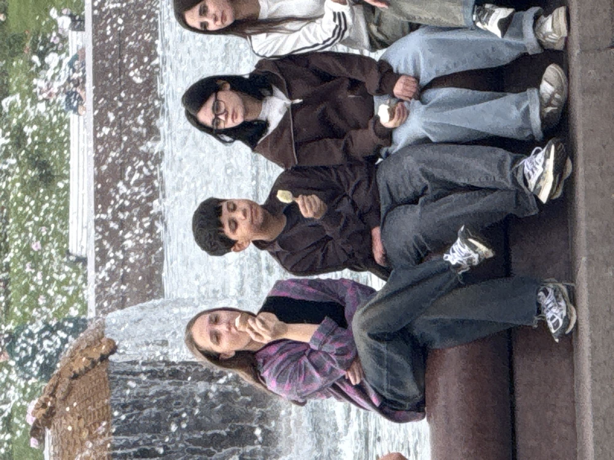 Four individuals are seated on a concrete ledge in front of a fountain, with a park area in the background. The individuals, appearing to be young adults or teenagers, are positioned from left to right. The first person, a female with long brown hair, wears a pink and grey plaid shirt and dark jeans, and is eating an ice cream cone. Next to her, a male with short dark hair wears a dark jacket and jeans, and is also holding an ice cream. To his right, a female with dark hair and glasses is dressed in a brown zip-up hoodie and light blue jeans, holding an ice cream. The fourth person, a female with long brown hair, wears a white long-sleeved shirt with black stripes and light green pants. The fountain in the foreground features cascading water, and the background suggests a park with greenery and possibly flower beds. The overall setting suggests a public outdoor space, likely in a city. This scene is consistent with locations in Moscow, Russia, such as a park or square featuring fountains and recreational areas.