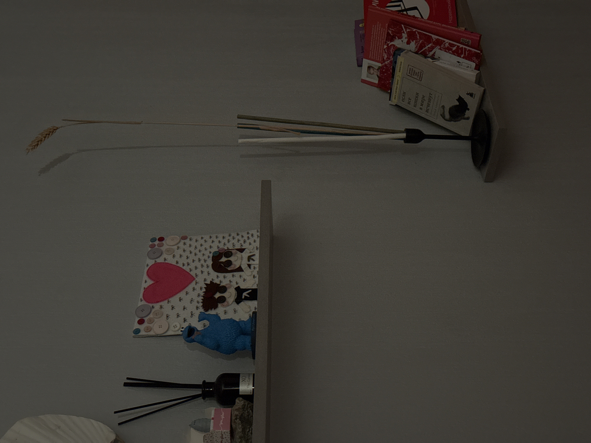 A dark, dimly lit room, likely a bedroom or living area, features two shelves mounted on a grey wall. The upper shelf displays a reed diffuser with black reeds in a dark glass bottle, a blue figurine of Cookie Monster, and a small framed artwork adorned with buttons and a pink heart, featuring two cartoon characters. To the right, a single stalk of wheat stands upright, casting a long shadow. The lower shelf holds a black candle holder with several sticks of varying colors inside, and a stack of books, one prominently featuring a black cat illustration and Russian text. The lighting is low, creating shadows and highlighting the objects. No people are visible in the scene.