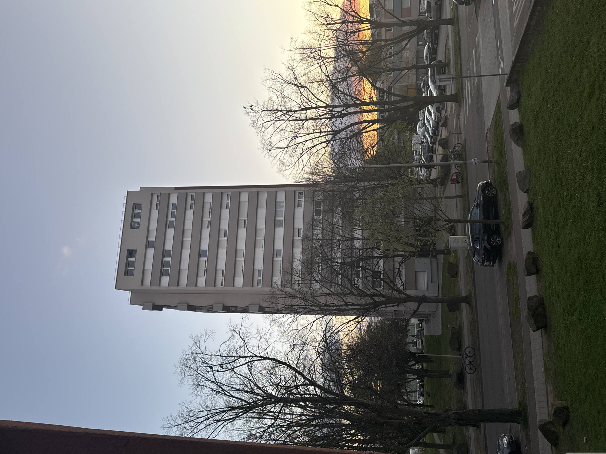 The image shows a high-rise apartment building in Strasbourg, France, viewed from an elevated position, likely another building or higher ground. The building has a rectangular shape and is approximately 15 stories high, with a light grey facade and evenly spaced windows. The sky ranges from light blue to shades of orange and yellow near the horizon, indicating either sunrise or sunset. The foreground includes bare tree branches without leaves, suggesting winter or early spring. A street runs parallel to the building, lined with parked cars and trees. A sidewalk is visible, bordered by a strip of green grass and spaced rocks. One parked car is black, near the camera view.