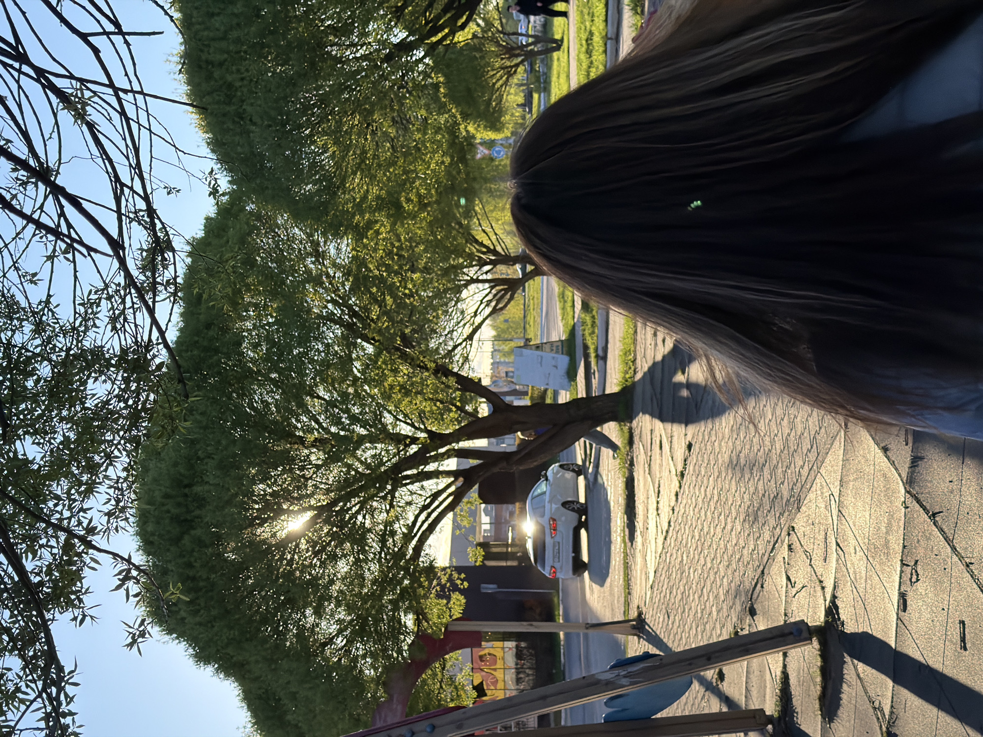 The image shows a partially obscured view of a street in Chaikovsky, Russia, from the perspective of a person with long brown hair. The street is lined with trees in full leaf, casting shadows on the brick pavement. A white car is parked along the side of the road. A playground structure is visible in the foreground. The weather appears sunny and the time of day appears to be late afternoon.
