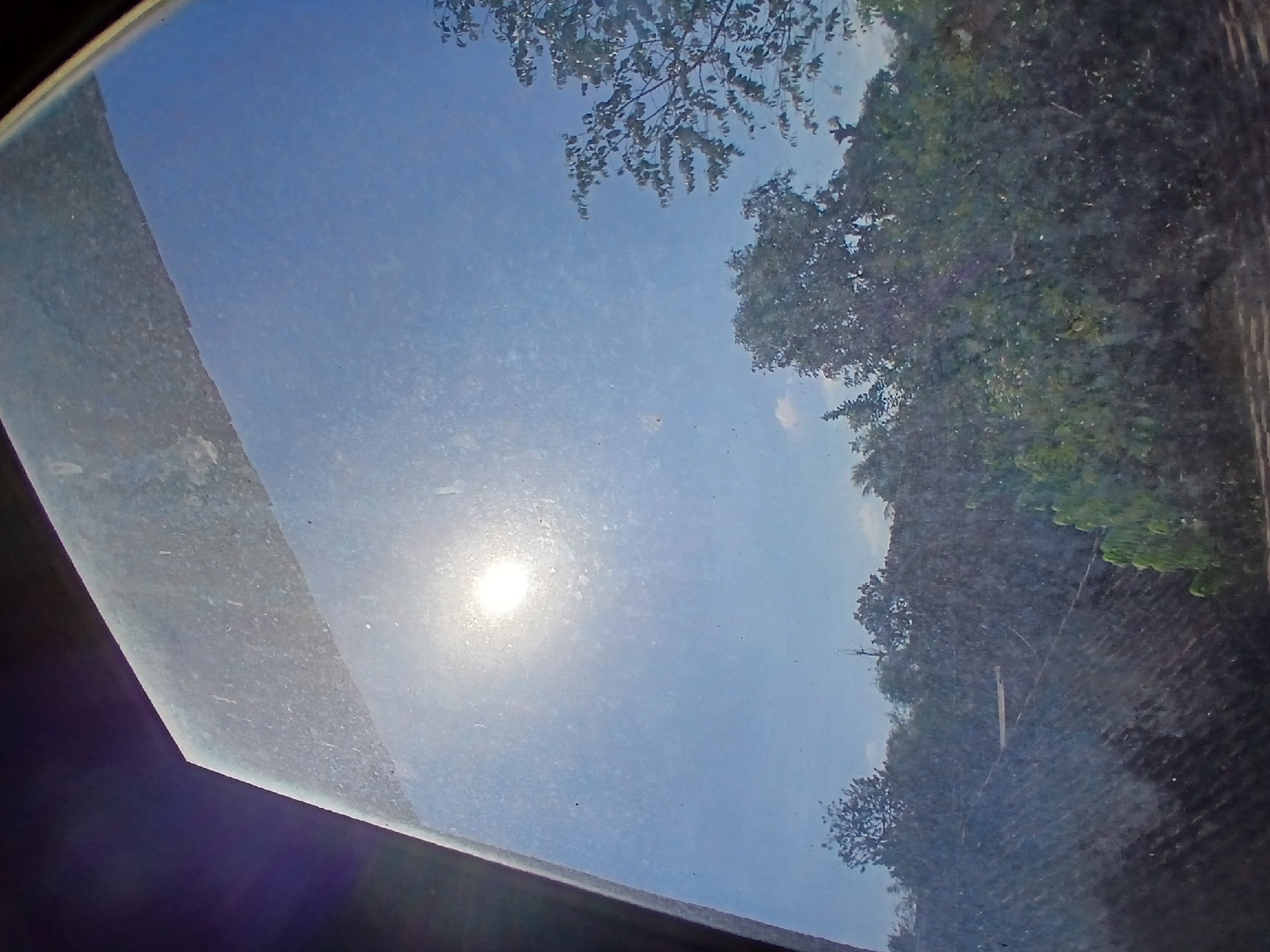 The image displays a sunlit sky with a bright sun, partially obscured by a dusty surface. Below the sky, a dense foliage of trees and vegetation is visible, along with hints of rooftops and what appears to be a utility pole or antenna. The scene is captured at an angle, suggesting it is looking through a window or a reflective surface. The overall impression is that of an outdoor environment, possibly a residential area, in the city of Tenggarang, Indonesia. The sunlight creates a bright, hazy effect throughout the image.