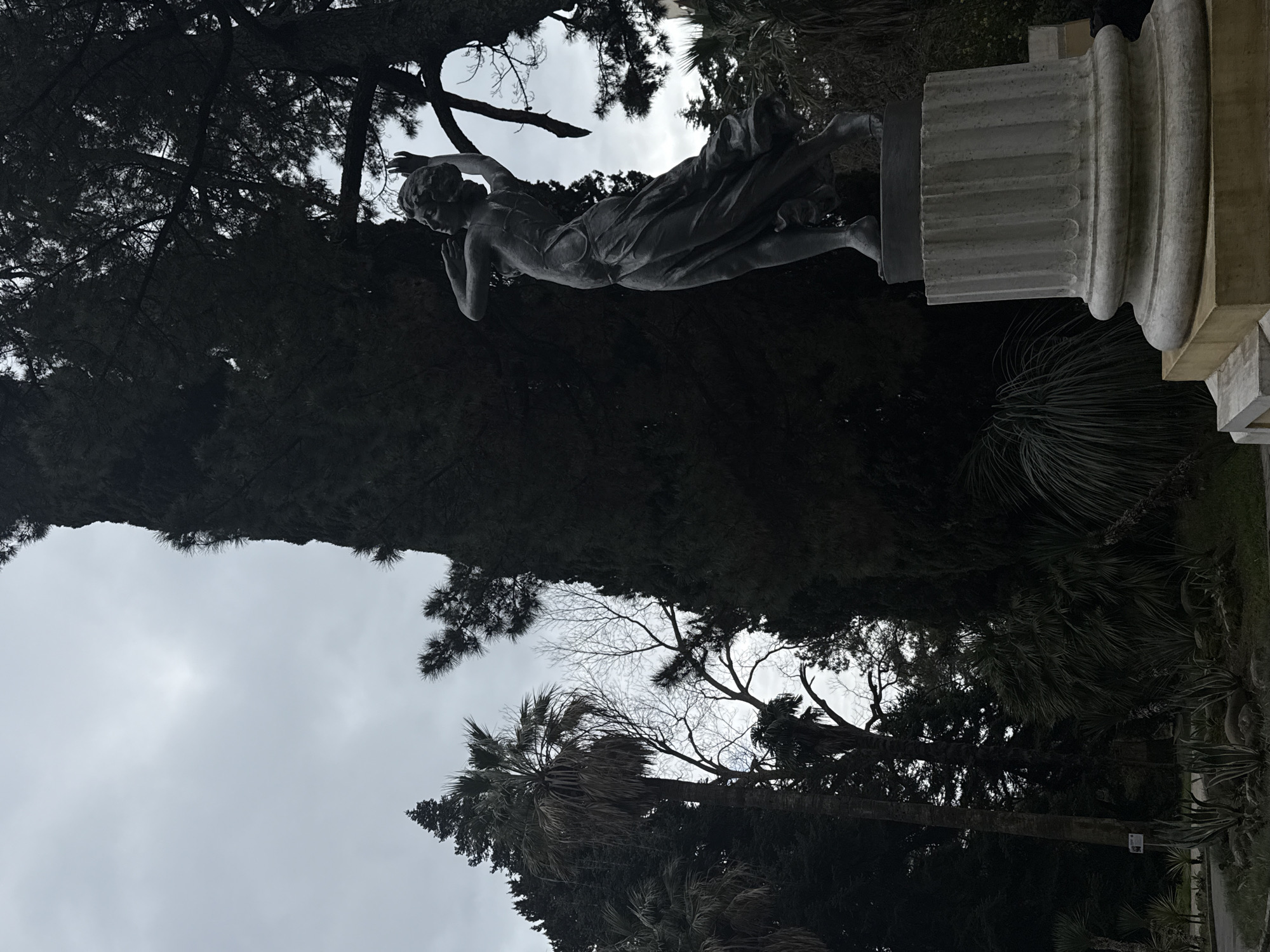 A dark grey, weathered metallic statue of a female figure, depicting a dancer, stands on a fluted, light-colored stone pedestal in Riviera Park, Sochi, Russia. The figure is posed dynamically, with arms raised and drapery flowing around her lower body, suggesting movement. The pedestal rests on a square plinth and a broader foundation. The statue is positioned outdoors, surrounded by dense, dark green foliage, including tall evergreen trees (likely cypress), several palm trees, and bare deciduous tree branches visible against the overcast, grey sky. The ground consists of grass, various succulents, and low bushes. No human figures are present. The scene is illuminated by dim, uniform daylight under a cloudy sky.