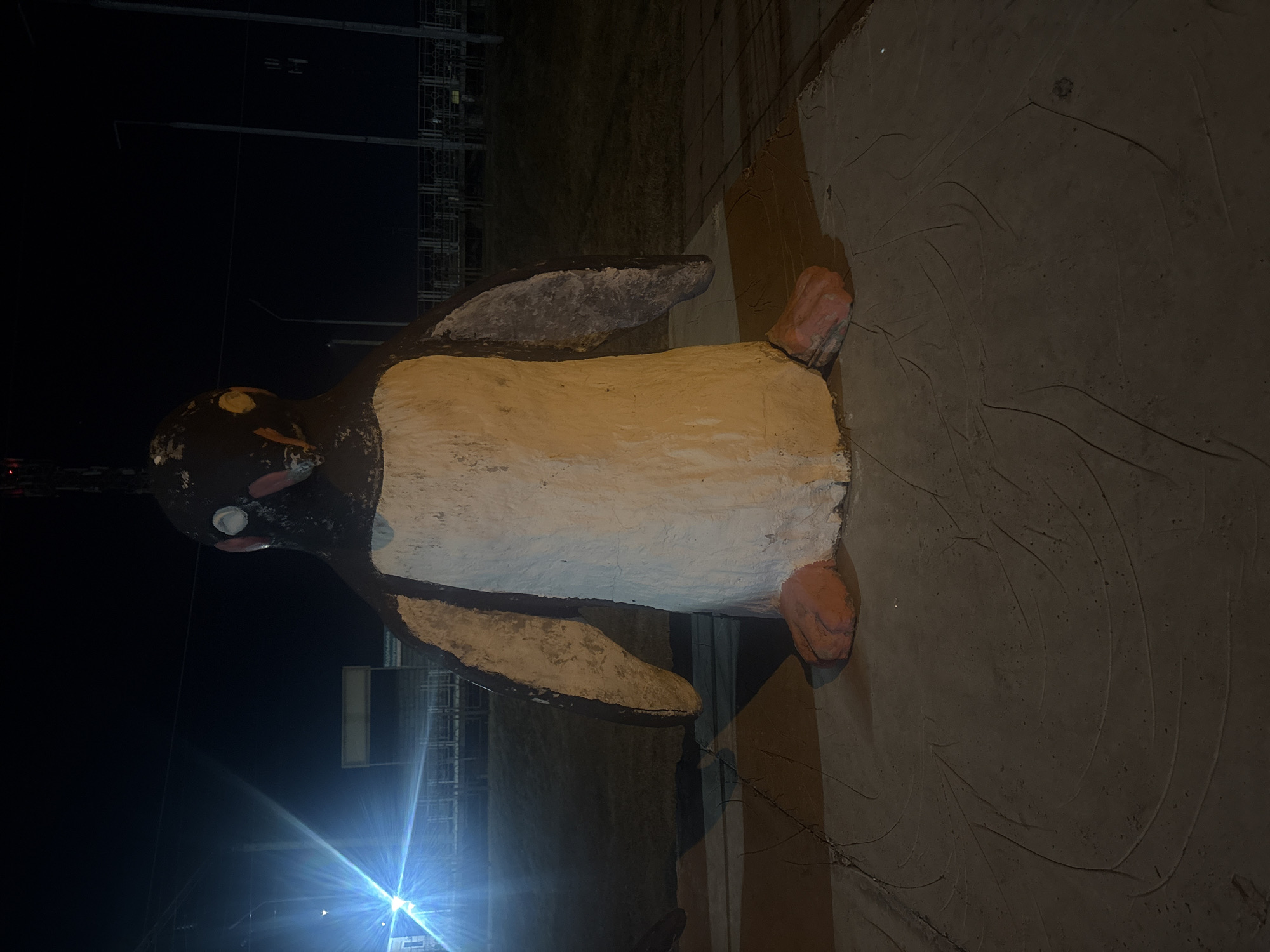 A nighttime image shows a painted concrete statue of a penguin standing on a cracked, concrete platform. The penguin is white on its belly and dark on its head and back. It has painted, light-orange feet and beak. Behind the penguin is a dark field. In the background are scaffolding and some lights. The statue appears to be located in Krasnoyarsk, Russia, based on the statue's style and reported location.