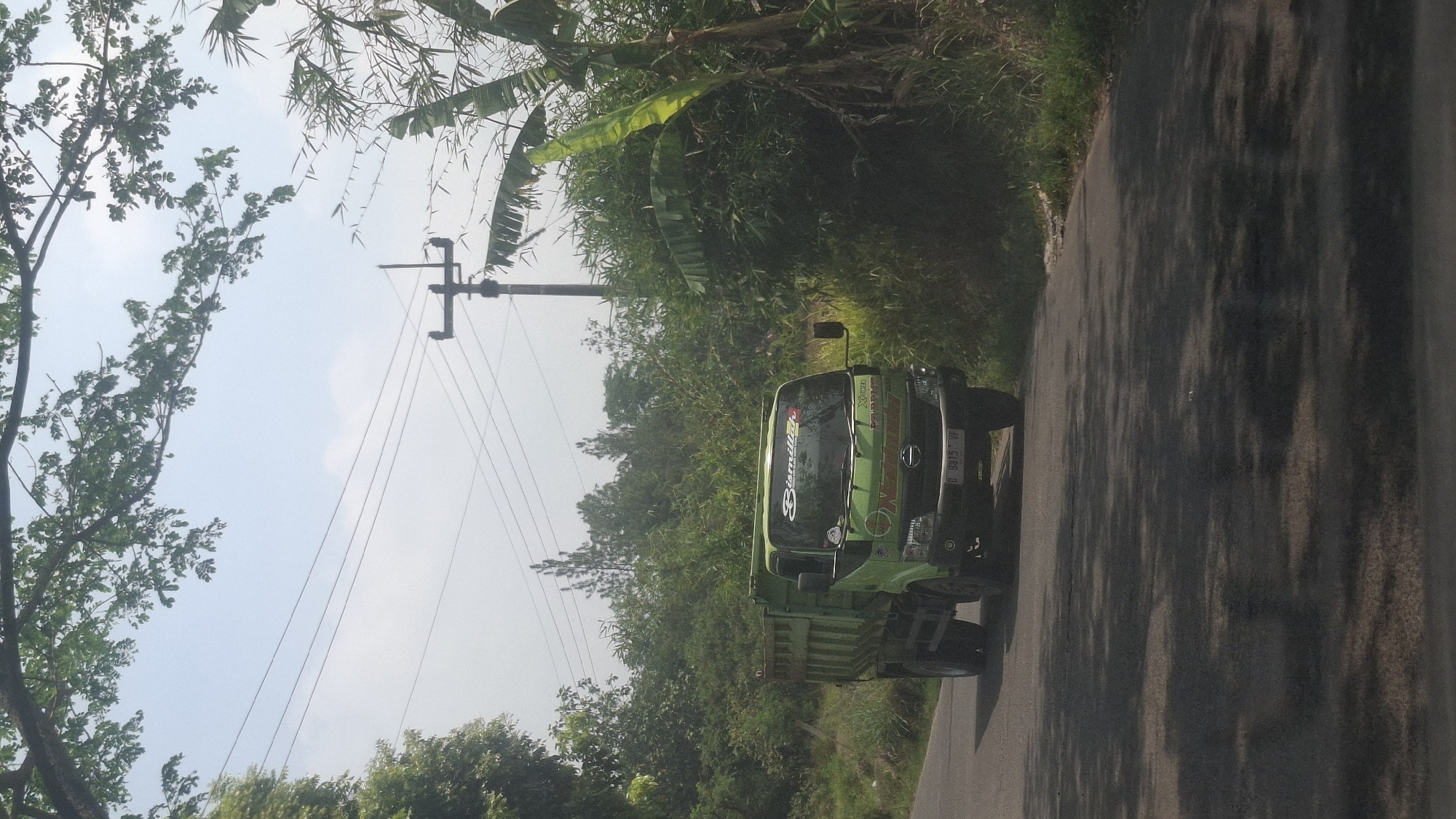 A green dump truck is parked on the side of a paved road. The truck has a license plate that reads "D 9815 VF". The road is surrounded by dense green foliage, including trees and bamboo. Overhead, power lines are strung between utility poles. The sky is hazy and appears to be daytime. The image is taken from a low angle, looking up at the truck and the surroundings. The scene is consistent with a rural or semi-rural area, possibly on the outskirts of Cibinong Hilir, Indonesia.