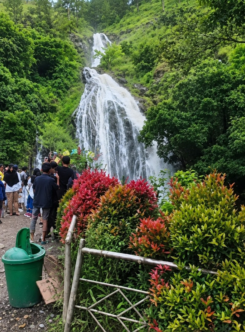 The image depicts a scenic view of the Sosor Dolok waterfall in Indonesia. The waterfall cascades down a rocky, tree-covered slope, with lush green foliage surrounding it. In the foreground, there are several people gathered, appearing to be tourists. Some are standing and looking at the waterfall, while others are taking pictures. In front of the people are vibrant red and green bushes, which add a splash of color to the scene. To the left of the image, a green trash can is visible. The overall impression is one of a popular tourist destination, with visitors enjoying the natural beauty of the waterfall.