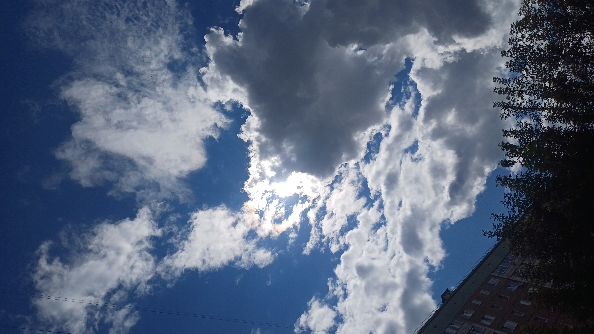 The image depicts a cloudy sky above a residential building and trees in Izhevsk, Russia. The sky is a vibrant blue, with scattered white and dark gray clouds. The sun is partially obscured by clouds, creating a bright halo effect. A tall, multi-story apartment building with a dark green roof and light-colored facade is visible on the left side of the frame. In the foreground, a row of dark green trees with lush foliage stretches across the bottom of the image. The scene appears to be captured during daylight, possibly in the afternoon, given the lighting conditions and cloud formations. There are no people or visible actions taking place in the image. The perspective is upward, looking towards the sky.