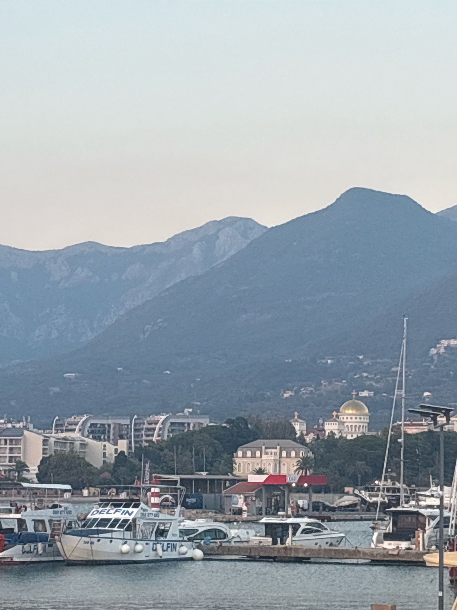 The image depicts a waterfront scene in Bar, Montenegro, with a view of the city's skyline and the surrounding mountains. In the foreground, several boats are docked in the harbor. One prominent boat, labeled "DELFIN," is a white passenger vessel with multiple windows and a covered deck. Other boats are visible alongside, some appearing to be smaller pleasure crafts.
The middle ground features a collection of buildings, including modern structures with curved architectural elements and some older buildings. A striking feature is a large building with a golden dome, likely a church or cathedral, situated amongst trees on a hillside. Red awnings are visible over what appears to be a small service station or kiosk.
The background is dominated by a range of imposing, blue-hued mountains that rise steeply behind the city. The sky is a soft, pale gradient, suggesting either dawn or dusk. The overall impression is a tranquil coastal city nestled against a dramatic mountainous backdrop.