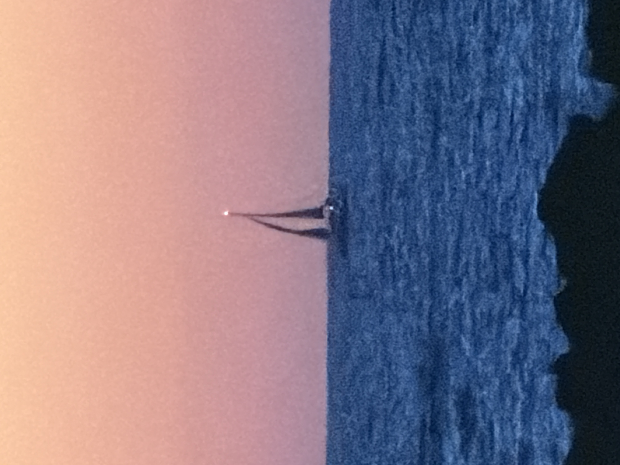 The image captures a serene coastal scene at either sunrise or sunset, viewed in landscape orientation (after correcting for the image rotation). The upper half of the frame is dominated by a warm, gradient sky, transitioning from soft peach-orange on the left to delicate pinks and purples towards the right. The lower half features the deep blue sea, exhibiting visible texture from small waves or ripples across its surface.
In the mid-ground, a lone sailboat or similar small vessel is silhouetted against the vibrant sky and textured water. Its mast stands tall and slender, topped with a single, bright white light, possibly a navigation light. The boat appears to be either sailing gently or anchored calmly on the water. To the far right, a dark, irregular shape defines a coastline or landmass that borders the sea, adding depth to the composition.
The time of day is clearly indicated by the soft, warm lighting and the pastel hues of the sky, characteristic of the golden hour. The overall atmosphere is tranquil and peaceful. There is no visible text in the image. Given the provided context, the scene is set off the coast of Tel-Aviv, Israel.