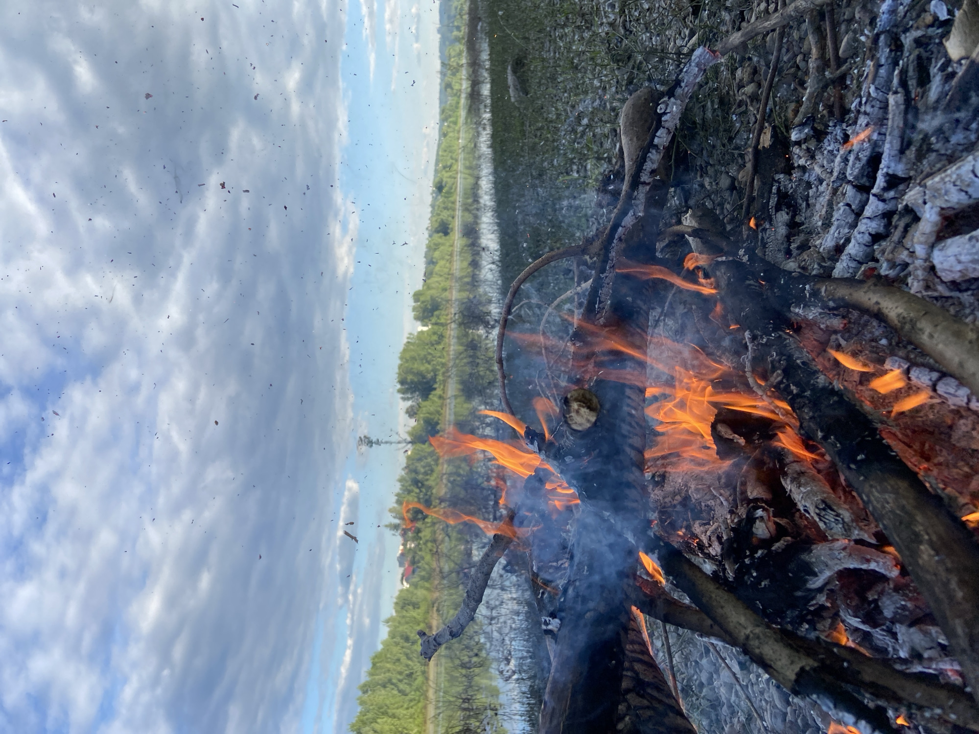 The image depicts an outdoor scene featuring a burning campfire by a body of water, located in the vicinity of the city of Chaikovsky, Russia. In the immediate foreground, a substantial campfire is active, showcasing bright orange and yellow flames emanating from dark, charred logs and branches. Greyish-blue smoke rises from the burning wood, which is partially covered in white and grey ash, with visible glowing embers.
Beyond the campfire, a calm body of water, likely a river or lake, stretches across the midground, reflecting the sky. The far bank is densely forested with lush green trees and vegetation. To the immediate right of the fire and extending towards the water, the ground consists of a stony or gravelly surface with sparse green growth.
In the background, positioned above the distant tree line, a prominent cellular or radio tower with a lattice structure is clearly visible, suggesting proximity to urban or semi-urban infrastructure. The sky above is partly cloudy, displaying a mix of blue sky and white to light grey stratocumulus clouds. Numerous small, dark, irregular particles, consistent with ash, embers, or other debris, are suspended and scattered throughout the air, particularly visible against the sky. No human subjects are present in the image. The scene is illuminated by natural daylight.
