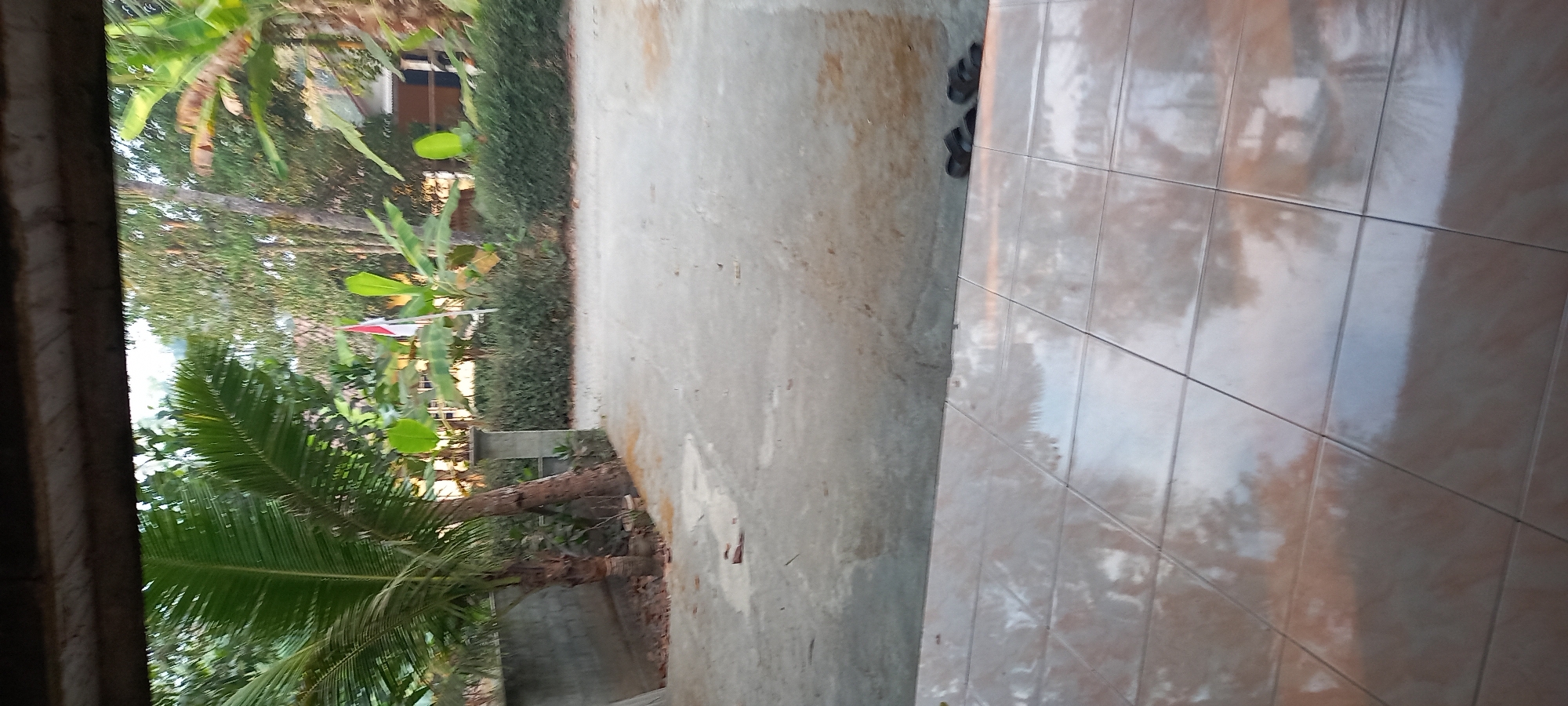 The image depicts an outdoor scene, likely in Gulurejo, Indonesia, characterized by tropical vegetation and a paved area. In the foreground, a tiled floor reflects the surrounding environment. Beyond this, a concrete surface with some debris is visible, leading to a low wall on the left. Dominating the midground is a lush collection of palm trees and banana plants. A small Indonesian flag is visible in the distance, fluttering between the trees. The background is comprised of more dense foliage and what appears to be a building with a brown roof. On the tiled floor in the lower right quadrant of the image, two pairs of black flip-flops are placed. The overall impression is one of a tropical, possibly residential or public outdoor space.