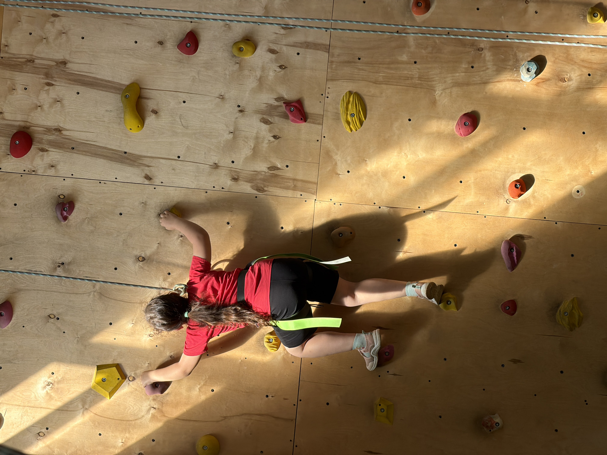 A young person is climbing an indoor rock climbing wall. The wall is made of wood panels with various colored climbing holds attached. The person is wearing a red shirt, black shorts, a climbing harness, and sneakers. They are positioned horizontally on the wall, reaching for holds. The lighting is bright and casts shadows on the wall. The image was likely taken indoors. It is not possible to confirm the location as Izhevsk, Russia based on the visible information in the image.