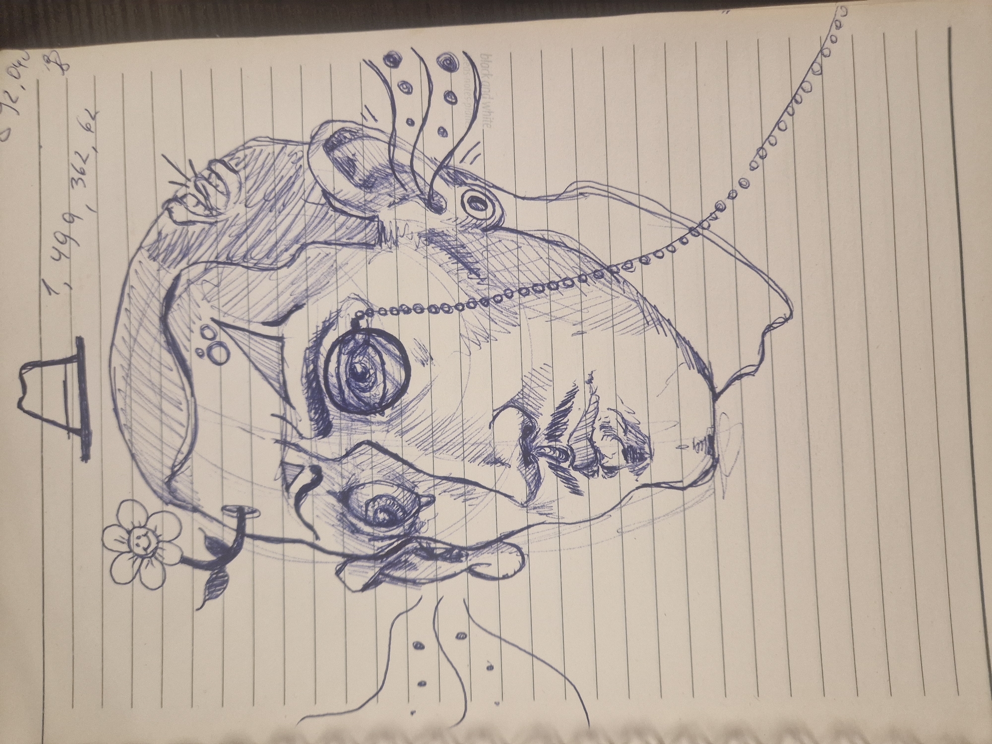 The media file displays a blue pen drawing on a piece of lined notebook paper. The central subject is a surreal, abstract, and somewhat grotesque head-like figure, possibly representing an animal or a fantastical creature. This figure features large, stylized circular eyes, a cross-hatched mouth-like area, and ear-like structures at the top, one of which includes finger-like digits. Wavy lines with dots, suggesting smoke or thoughts, rise from the head, and a string of beads or circles drapes across it, extending off the upper right.
Below and to the left of the main head, a whimsical flower with a smiling face at its center is drawn on a stem with leaves. A small, simple top hat is sketched on the far left. The head connects to a neck and collar-like structure adorned with dots. The drawing uses bold outlines and extensive cross-hatching for shading, giving it a textured appearance.
The background is off-white lined paper. In the upper left corner, several numbers are written vertically: "1,499,362,840", "92,040", and "8". Faintly visible through the paper in the upper central area are the words "black and white". The drawing appears to be a casual, intricate sketch, conveying a whimsical yet intense mood. There are no specific cues for time of day or weather; the setting is simply a notebook page.