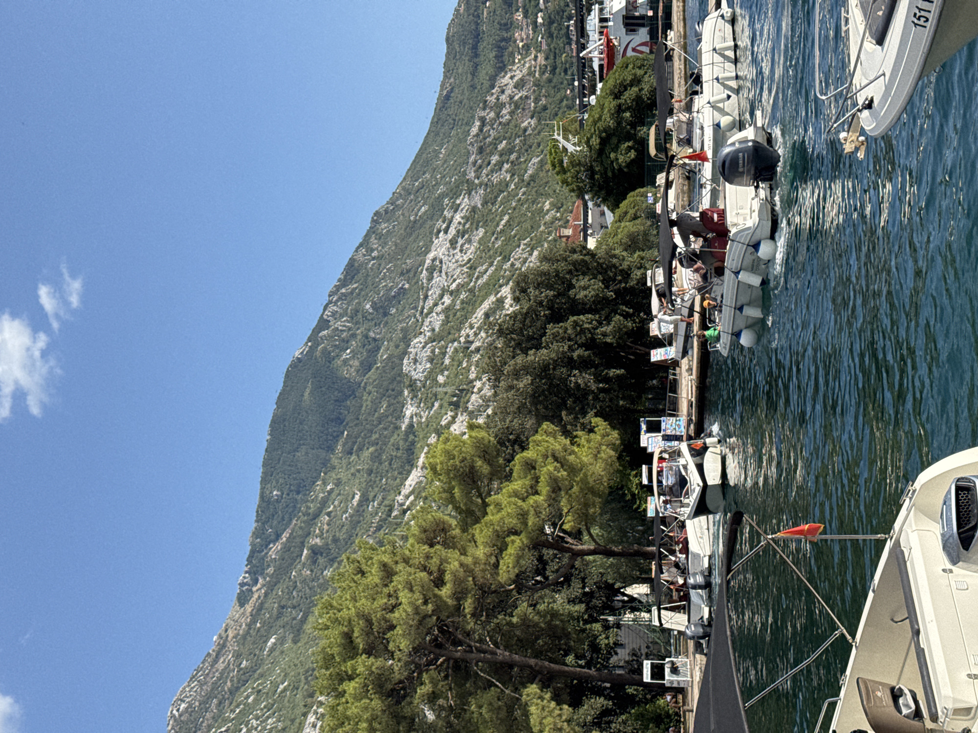 In the city of Kotor, Montenegro, a body of water is visible with several boats. In the foreground, a white boat is partially visible, with a portion of its stern and a red flag on a pole. In the middle ground, several white motorboats with black canopies are docked or moving. One boat in particular has people on board, including a person standing and looking towards the water. Another boat in the middle ground appears to be moving away from the camera. In the background, a steep, vegetated mountain rises under a clear blue sky with a few wispy clouds. Trees line the shore in front of the mountain. Buildings are visible nestled among the trees and on the mountainside. A larger white boat with red accents is docked on the right side of the frame.