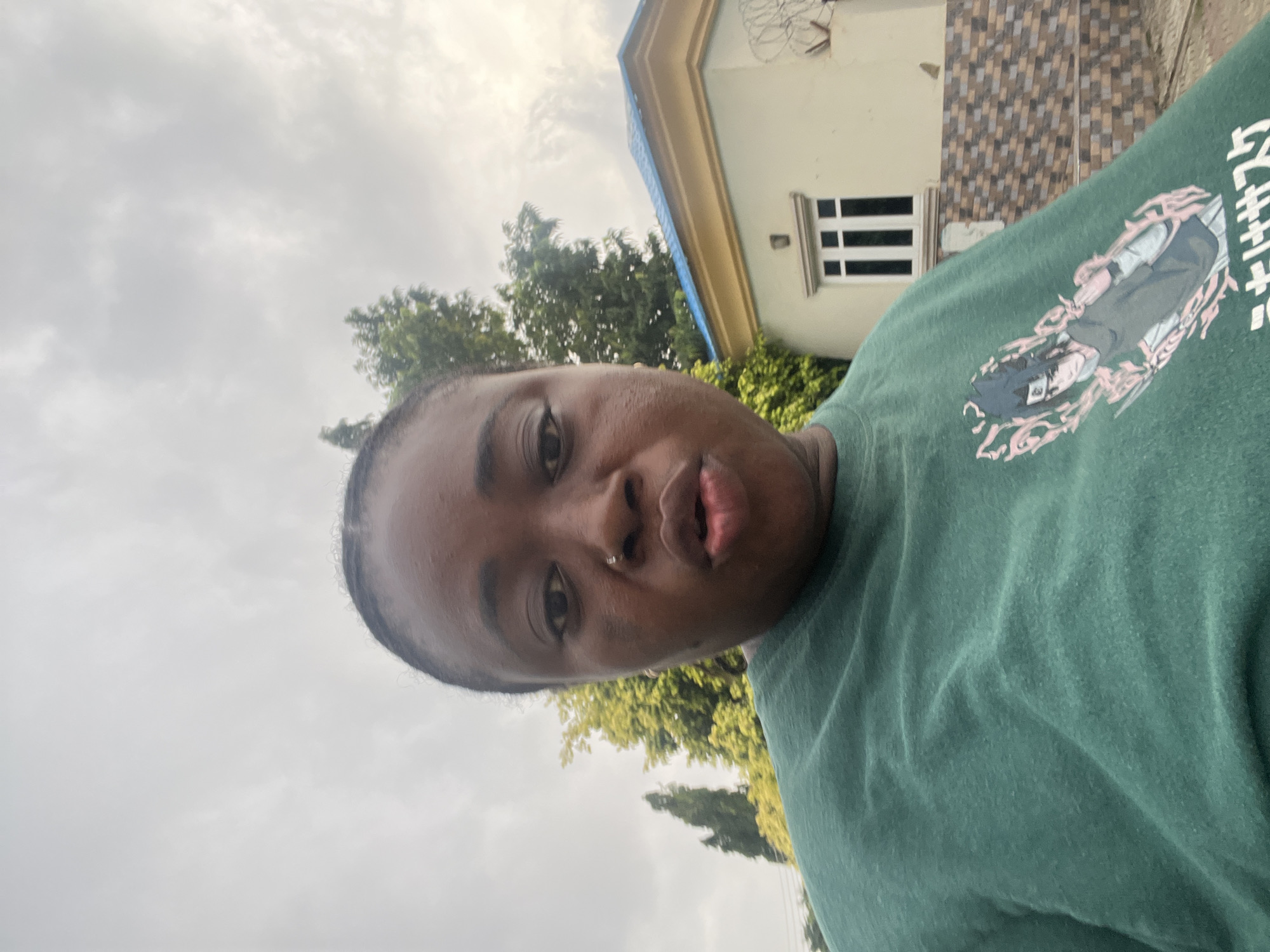 The image is a selfie, rotated 90 degrees counter-clockwise, featuring a person with dark skin looking directly at the camera. The individual has a neutral expression with slightly pursed lips and wears a small silver nose piercing on their right nostril. They are dressed in a teal or dark green t-shirt that prominently displays a graphic print of an anime character, consistent with Sasuke Uchiha from the Naruto series, surrounded by pink or light purple flame-like elements. Japanese text, which appears to read "うちはサスケ" (Uchiha Sasuke), is visible on the shirt.
In the background, an outdoor scene unfolds under a heavily overcast sky, filled with light gray clouds. A light-colored house or building with a distinct light blue roof is partially visible. The building features a small white-framed window with horizontal bars, and barbed wire can be seen along the top of a wall or roofline. Lush green trees and foliage are present between the subject and the building, contributing to a verdant environment. The setting suggests a residential area, consistent with the provided location context of Abuja, Nigeria. The cloudy conditions indicate daytime without direct sunlight.