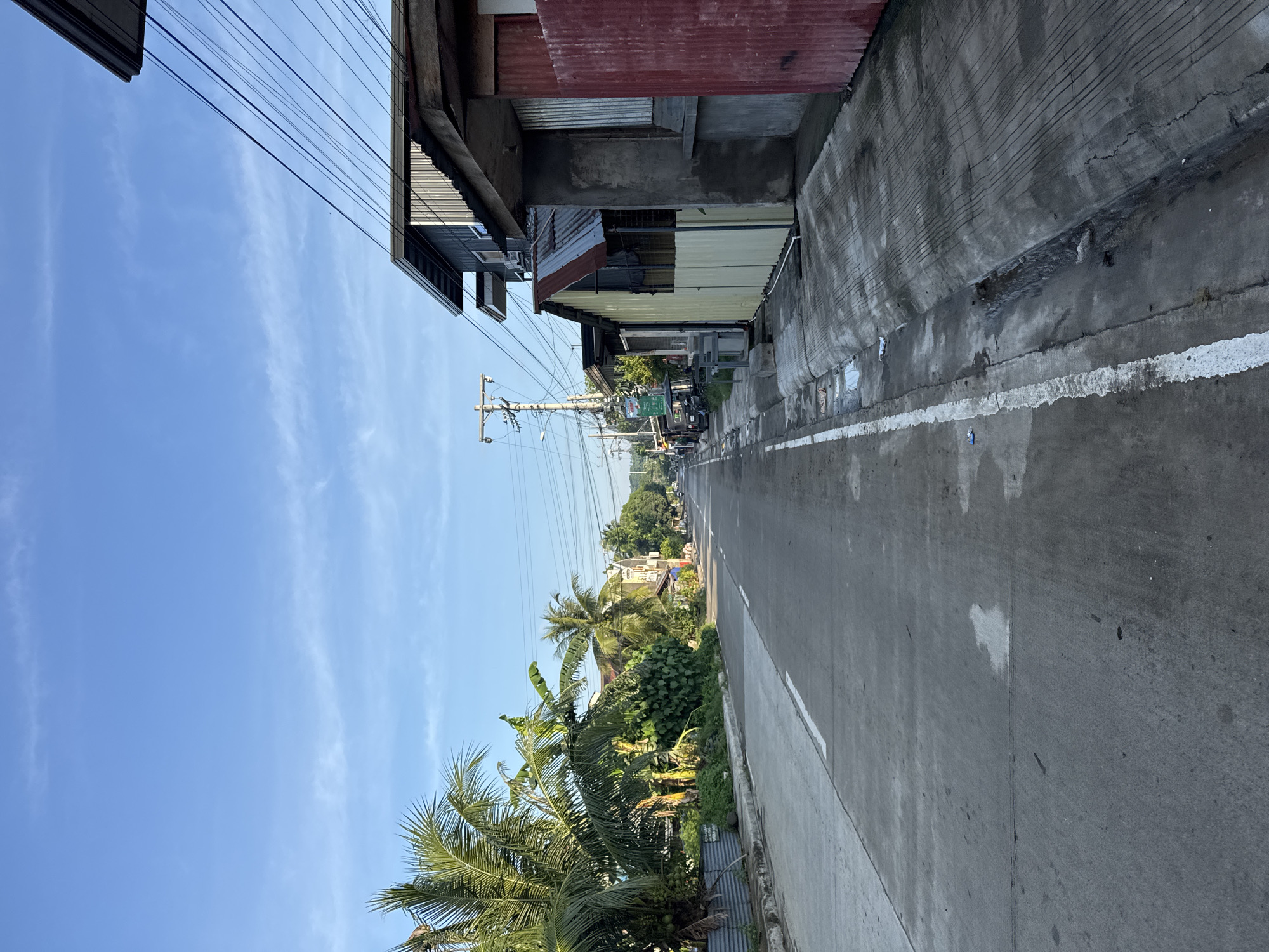 This image captures a quiet, sunlit street in Davao City, Philippines. The scene is dominated by a straight, two-lane concrete road, marked with a faded white line, stretching into the distance. It appears empty, devoid of vehicles or pedestrians, suggesting a peaceful moment.
On the left side of the road, a series of simple, utilitarian structures line the street. These houses or buildings feature a mix of materials, including concrete and corrugated metal, with some roofs painted red. A tall, weathered concrete wall runs parallel to the road, exhibiting cracks and signs of age. Above these structures, a dense array of overhead utility wires crisscrosses the clear blue sky, supported by numerous utility poles that extend down the street.
The right side of the road is bordered by abundant tropical vegetation. Several tall palm trees, likely coconut palms, are prominent, their fronds reaching upwards, alongside lush banana plants and other green foliage. Beyond this dense greenery, more buildings are visible in the mid-ground, and a hazy, verdant landscape hints at distant hills or a rural backdrop.
The bright, even illumination suggests the time of day is either morning or early afternoon, with the sun high overhead. The sky is mostly clear, dotted with only a few wispy, thin white clouds. The overall atmosphere is calm and typical of a residential or semi-rural area in a warm, tropical region. A small green sign, partially obscured by utility wires, displays the text "STOP & GO."